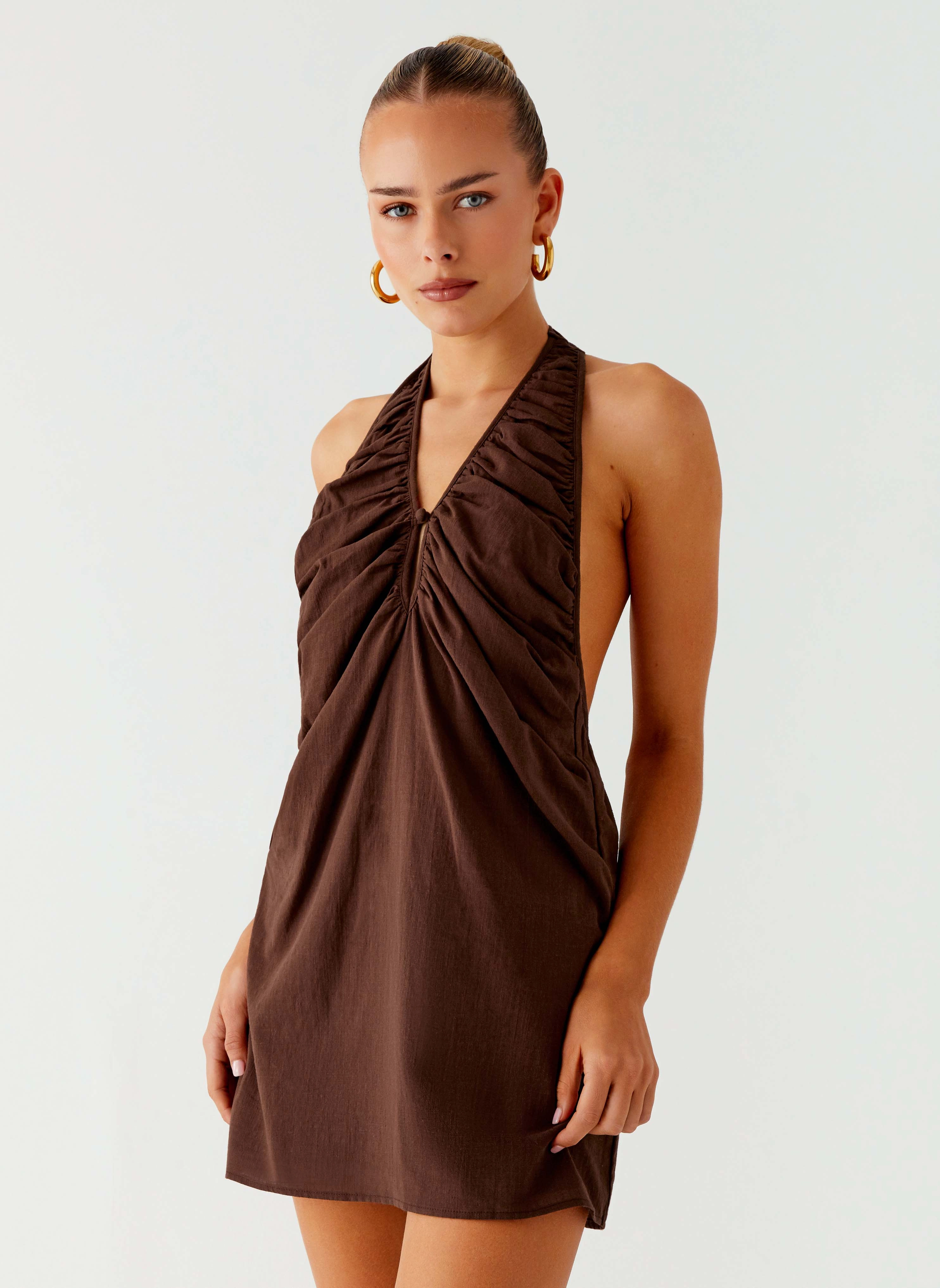 Smart Layer Wear Romantic Style Jepsen Halter Mini Dress - Chocolate