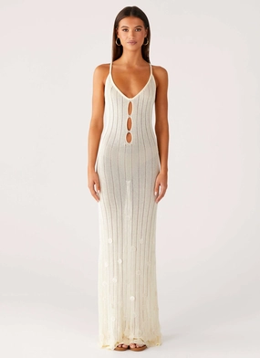 Refined Feel Versatile Layer Wear Siren Song Crochet Maxi Dress - Ivory