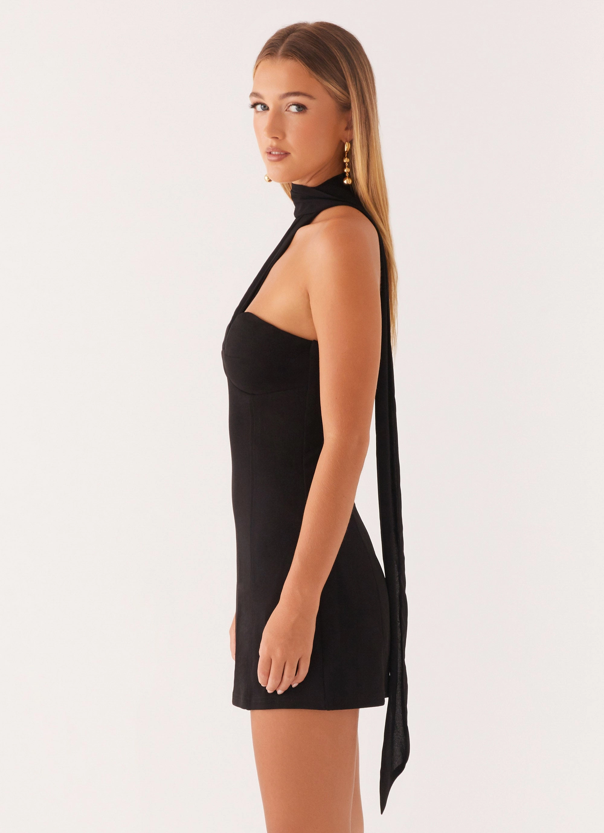 Fold Over Detail Statement Color Sirena Mini Dress - Black