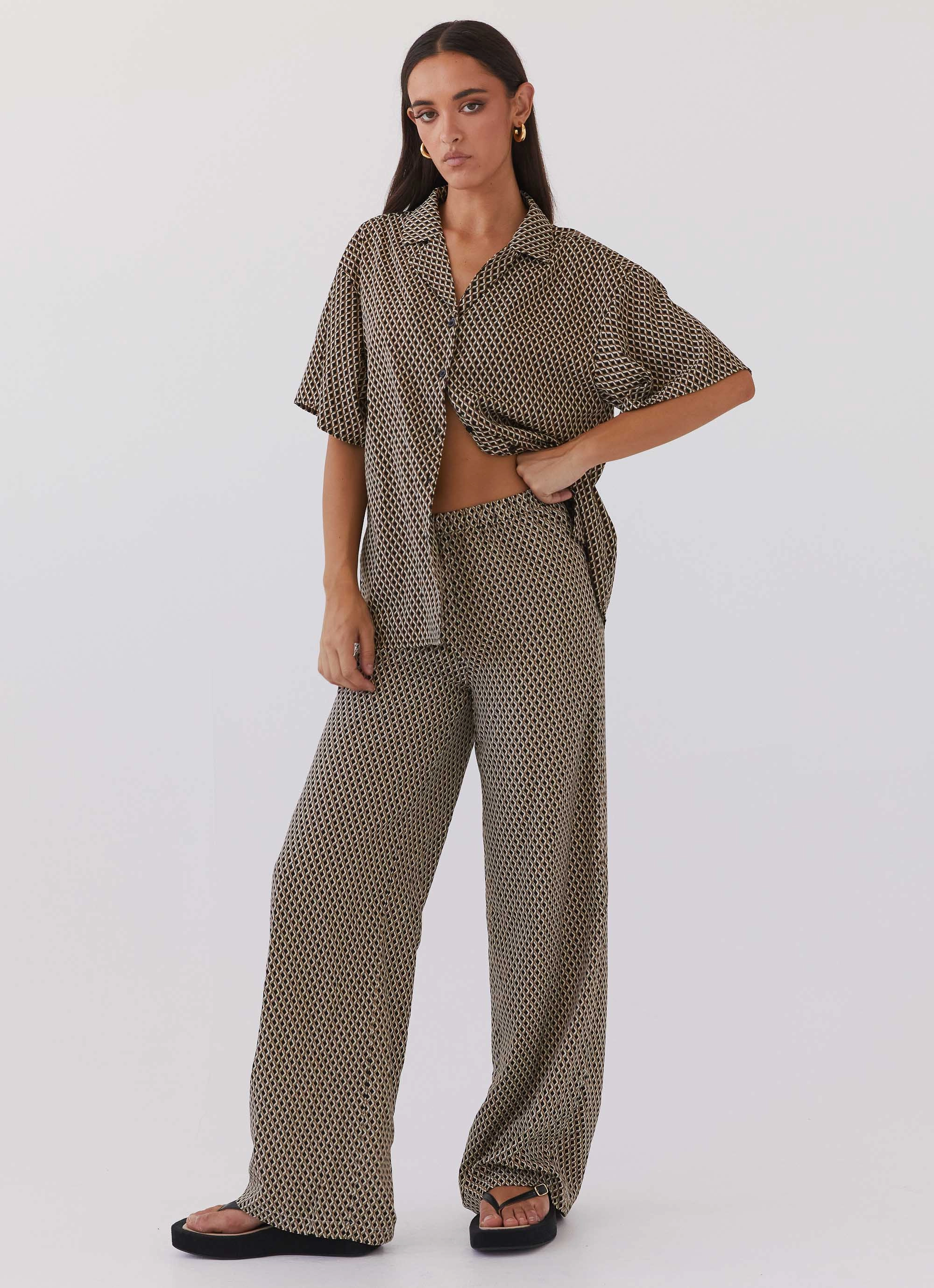 Bruno Wide Leg Pants - Brown Geo Outdoor Essentials Comfy Stretch