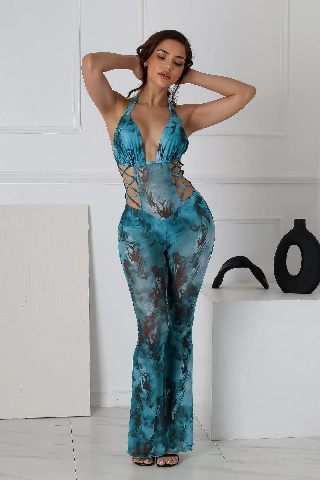 Seductive Mesh Cutout Halter Jumpsuit Versatile Design Versatile Look