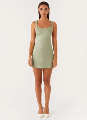 Modern Details Twist Front Design Odette Satin Mini Dress - Sage