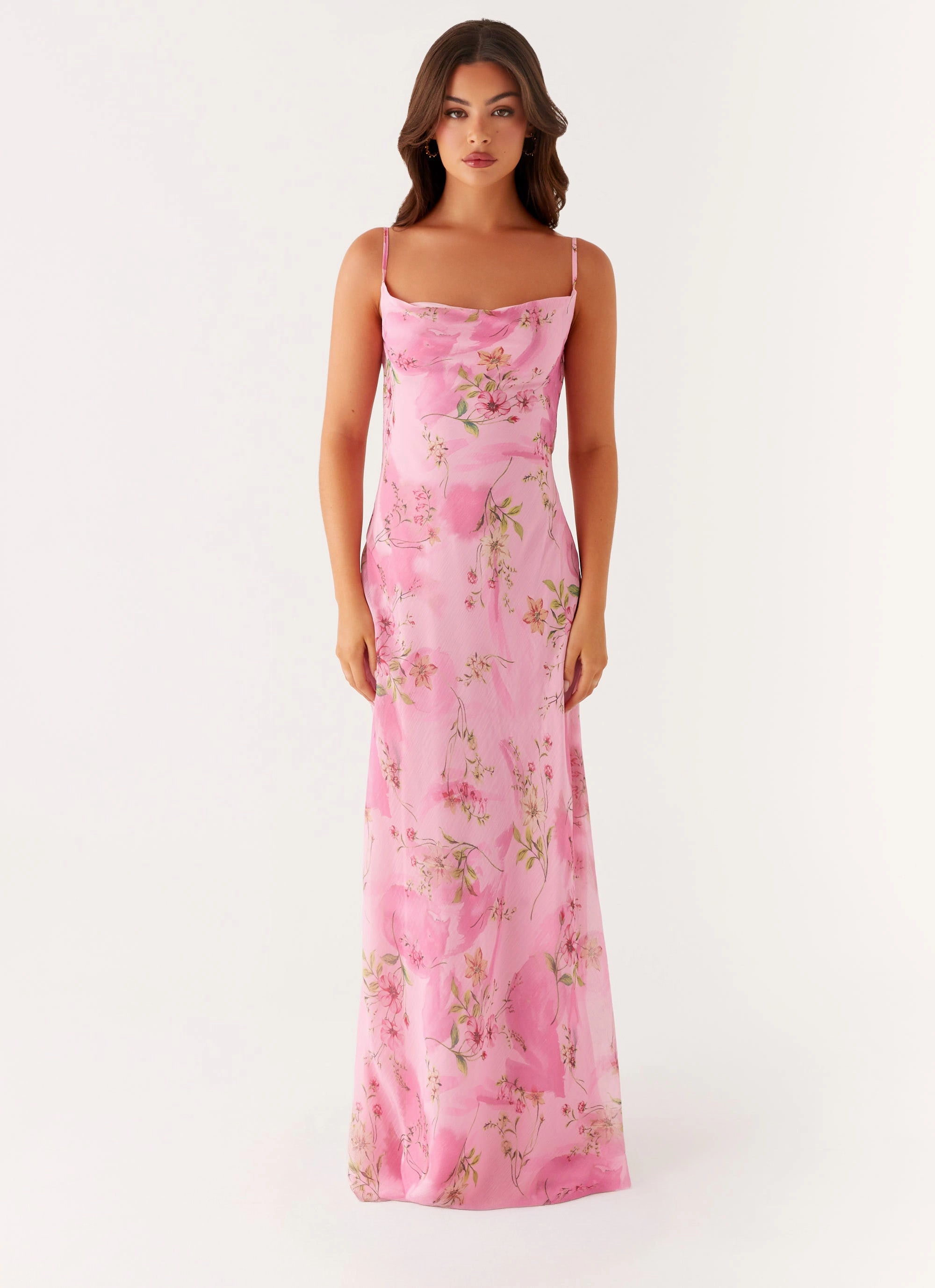 Orlando Maxi Dress - Pink Floral Print Artistic Vibe Relaxed-fit gown