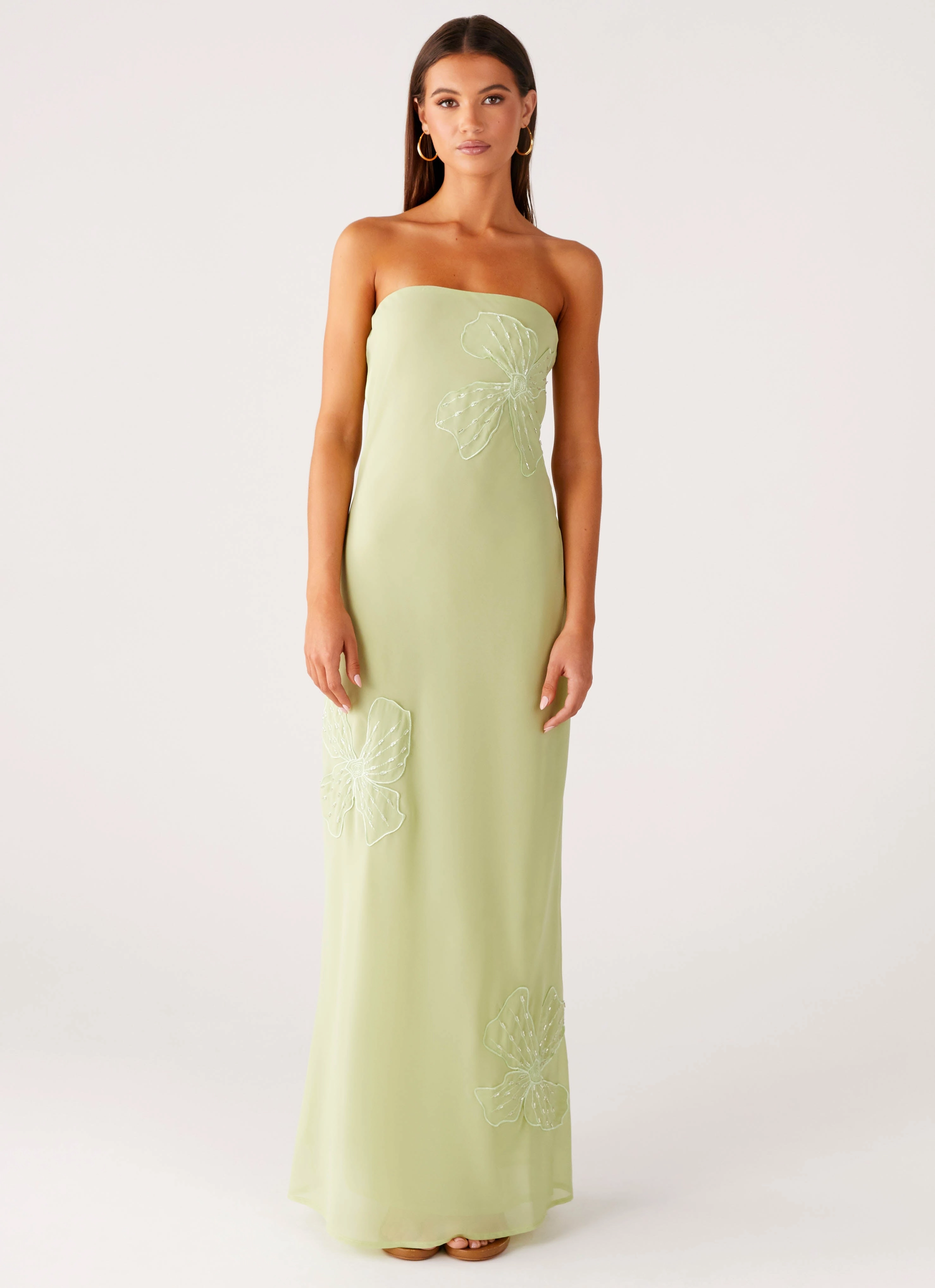 Sassafras Beaded Flower Strapless Maxi Dress - Lime Classic Wardrobe Piece