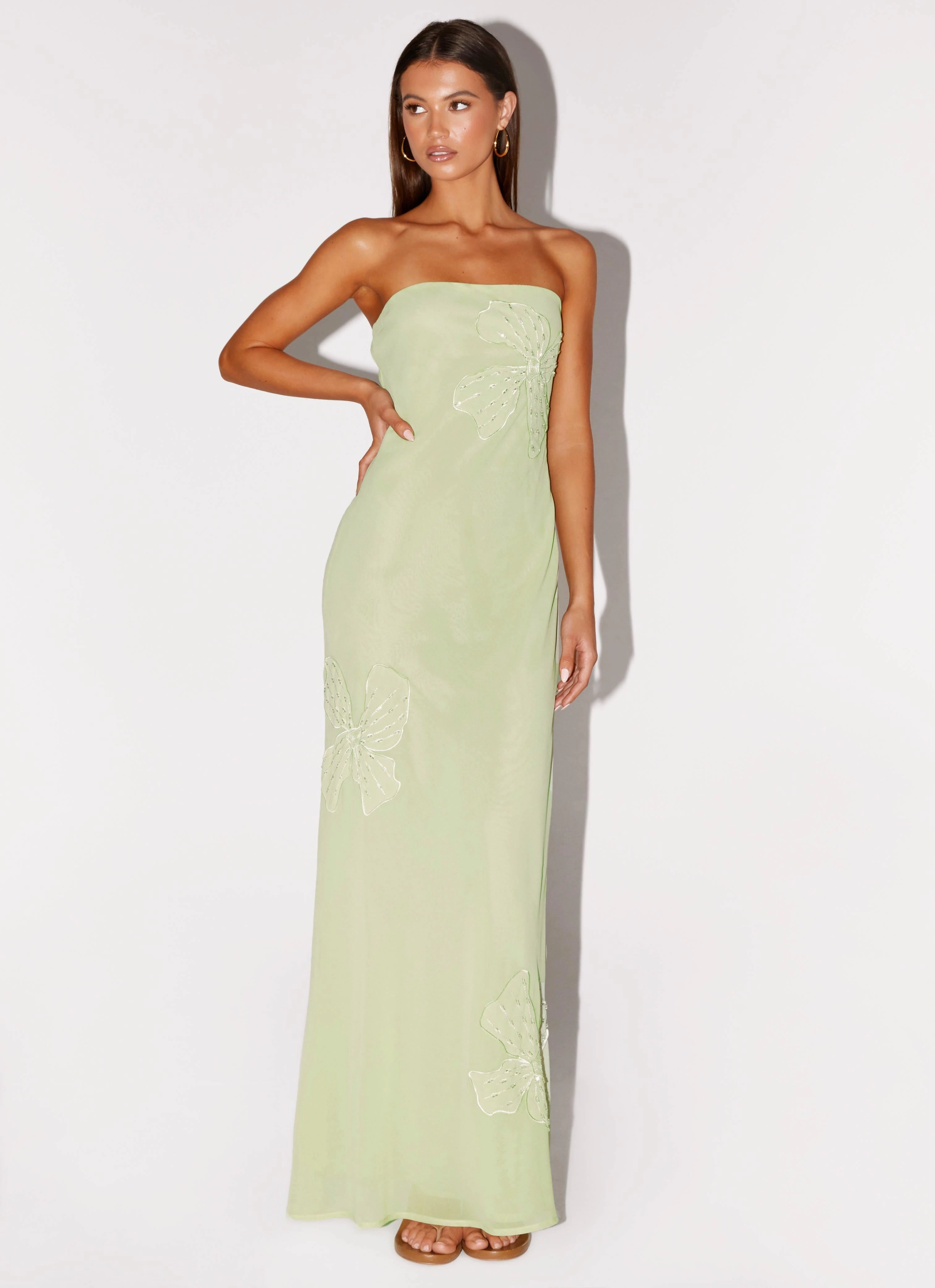 Bohemian style Clean Comfort Sassafras Beaded Flower Strapless Maxi Dress - Lime