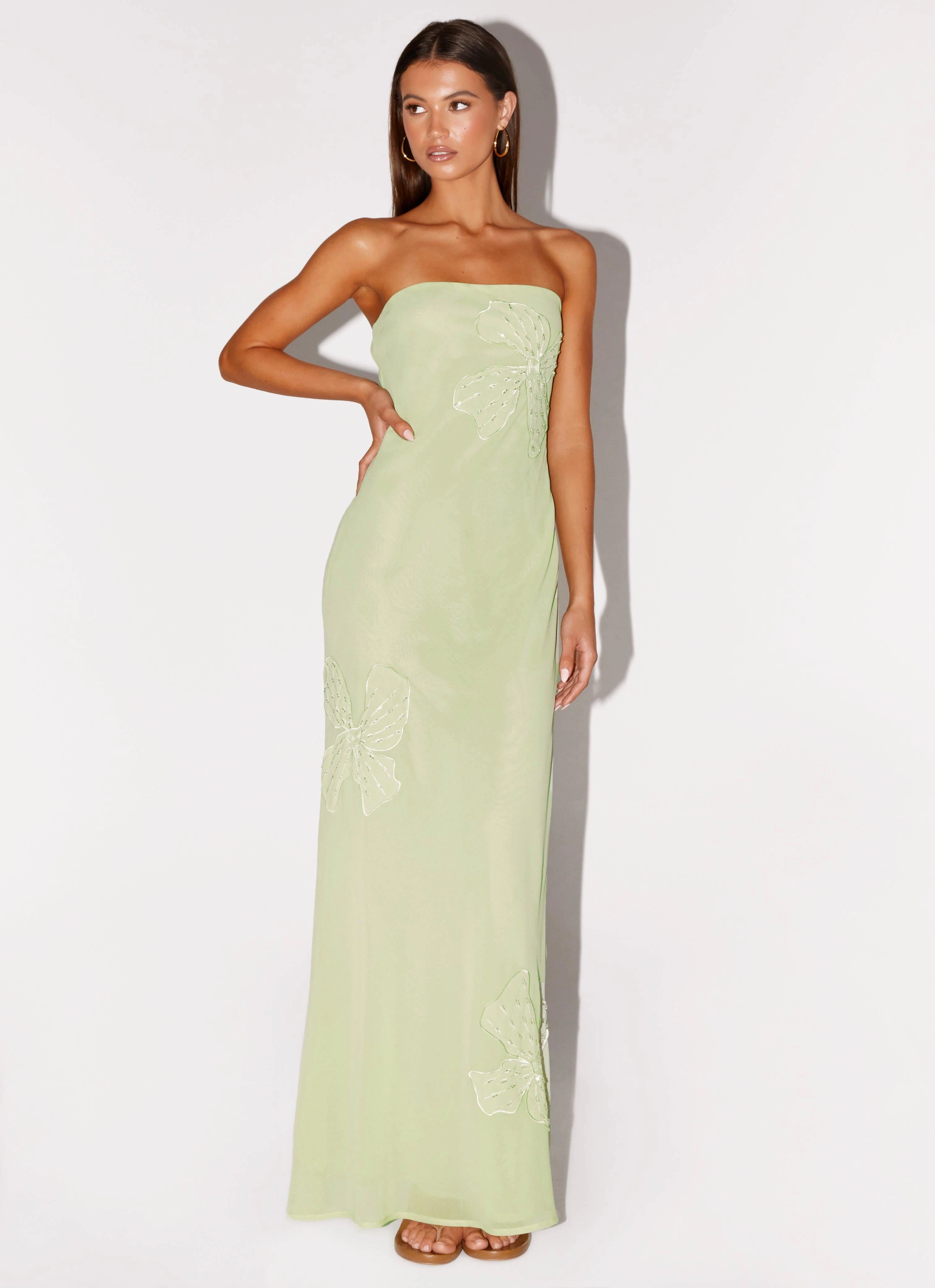 Sassafras Beaded Flower Strapless Maxi Dress - Lime Flared shape