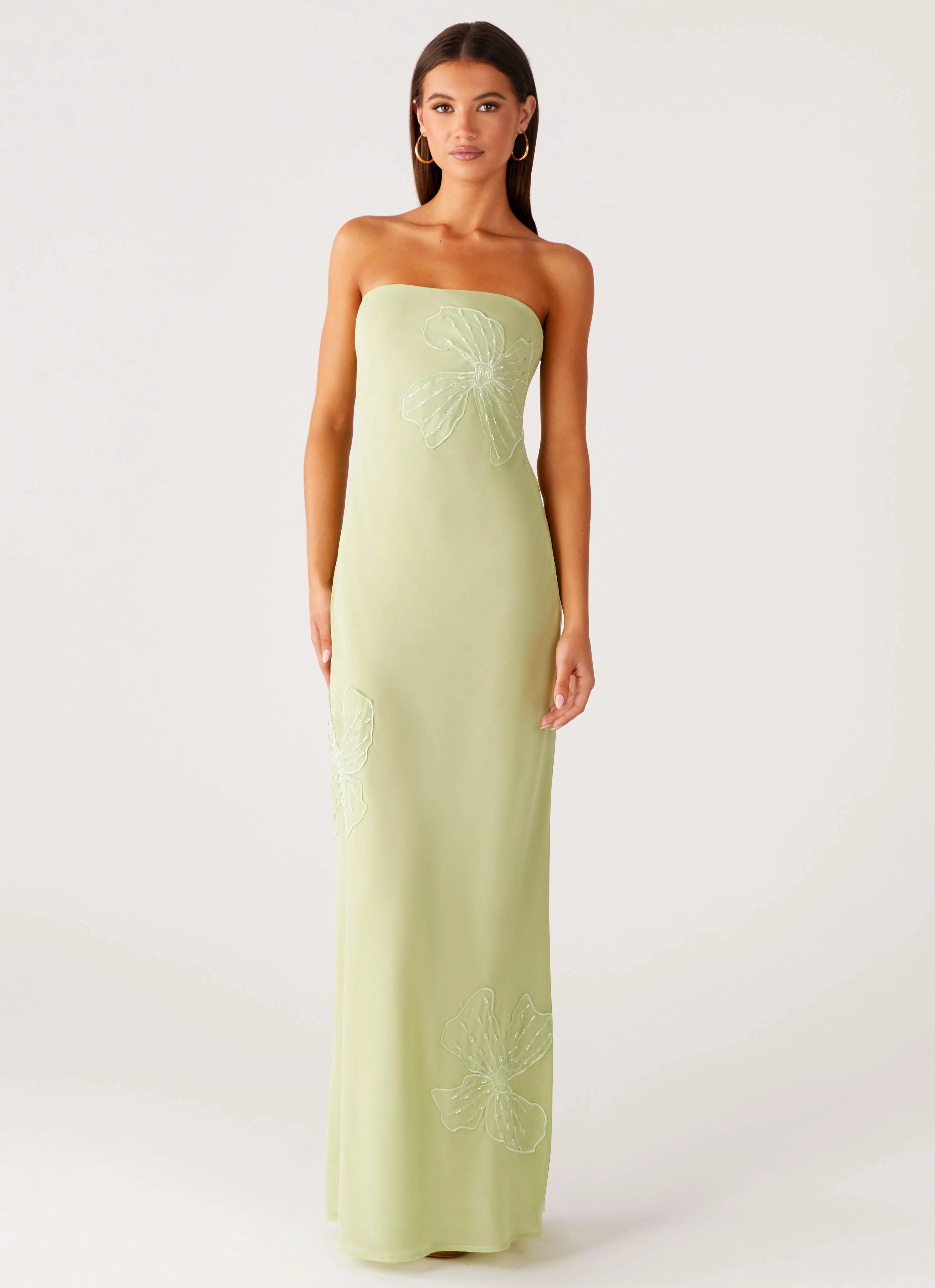 Airy Weave Sassafras Beaded Flower Strapless Maxi Dress - Lime