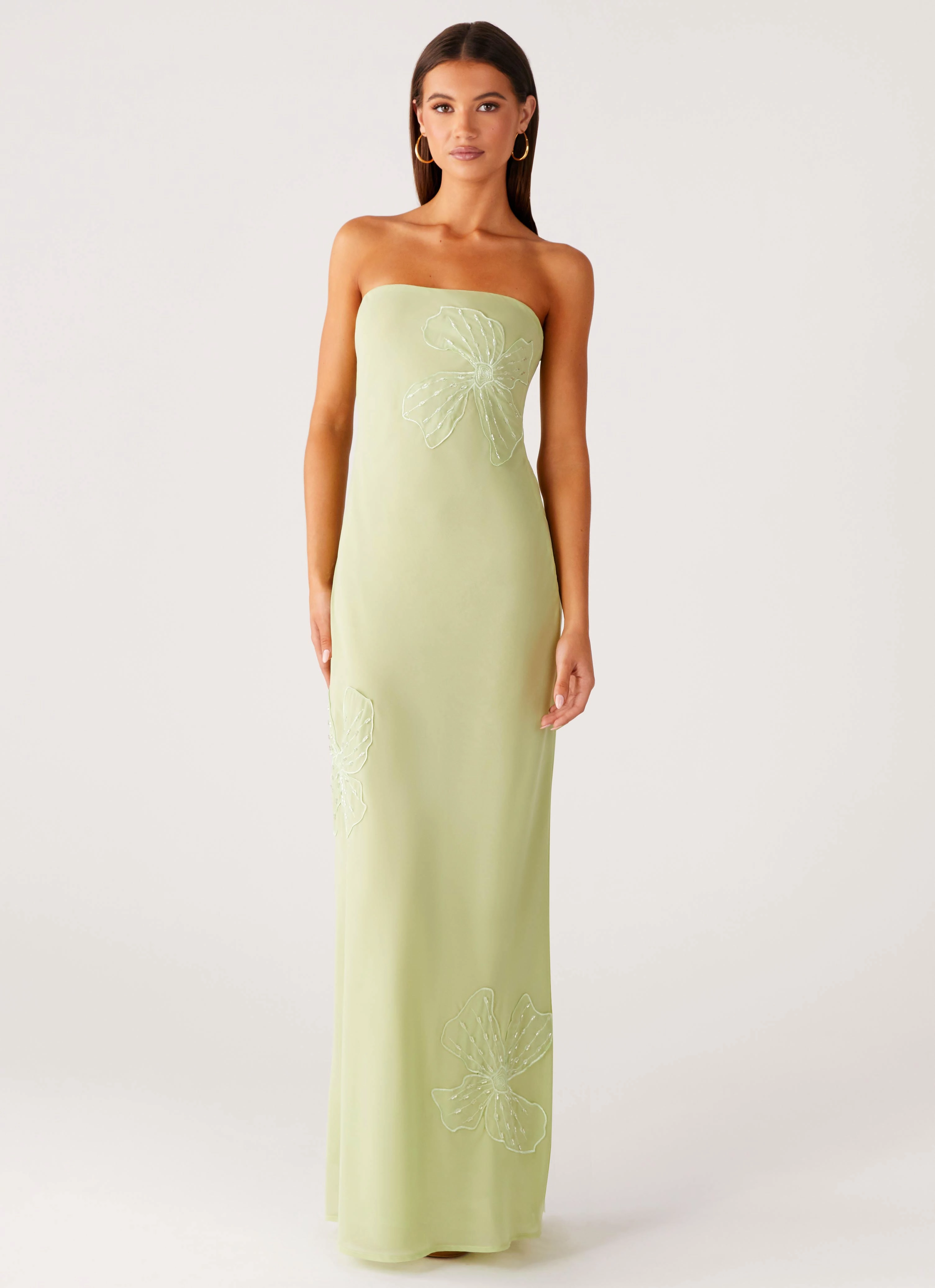 Sassafras Beaded Flower Strapless Maxi Dress - Lime Smooth Look single wear