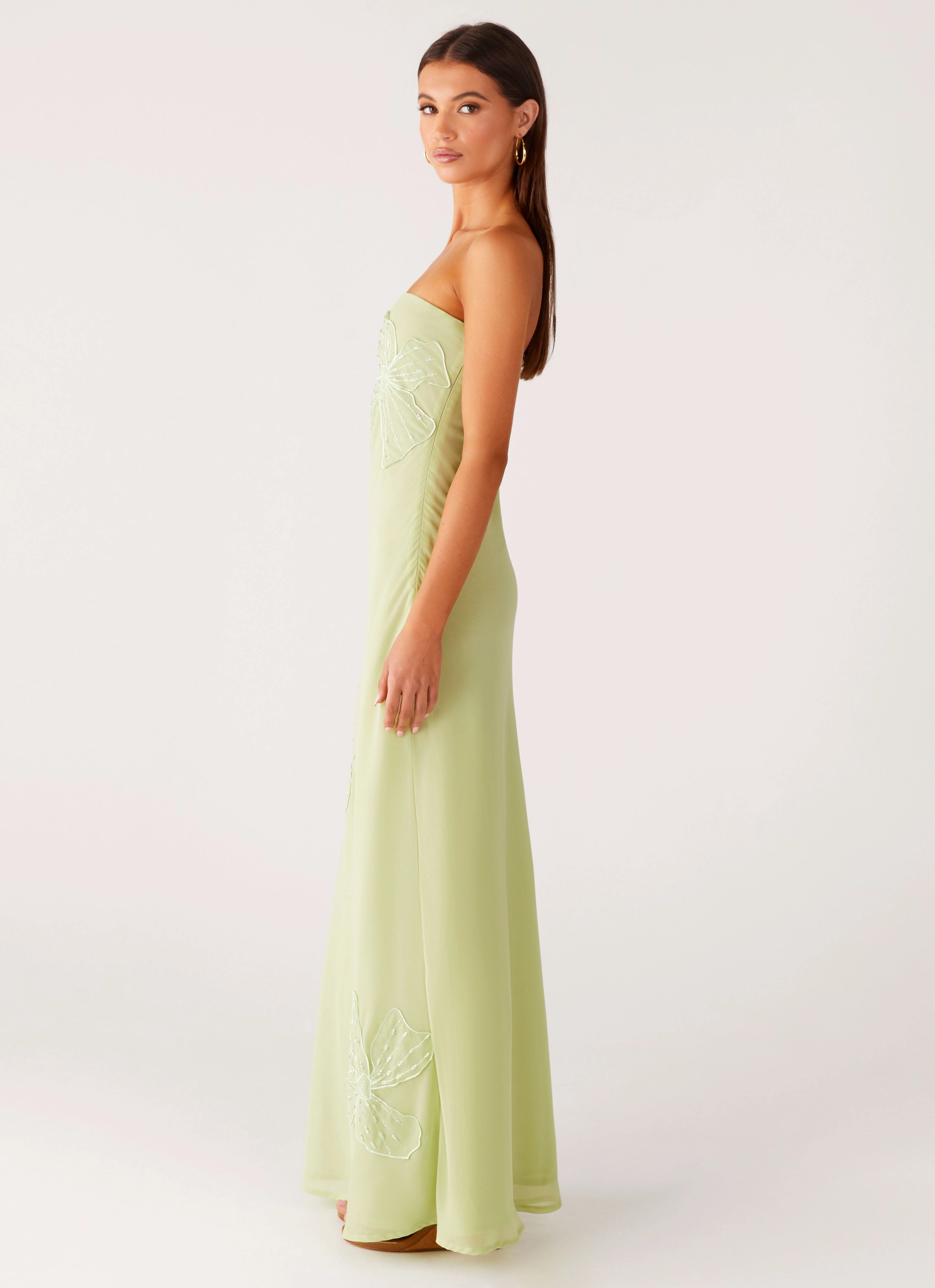 Sassafras Beaded Flower Strapless Maxi Dress - Lime Daywear Fit Slim Silhouette