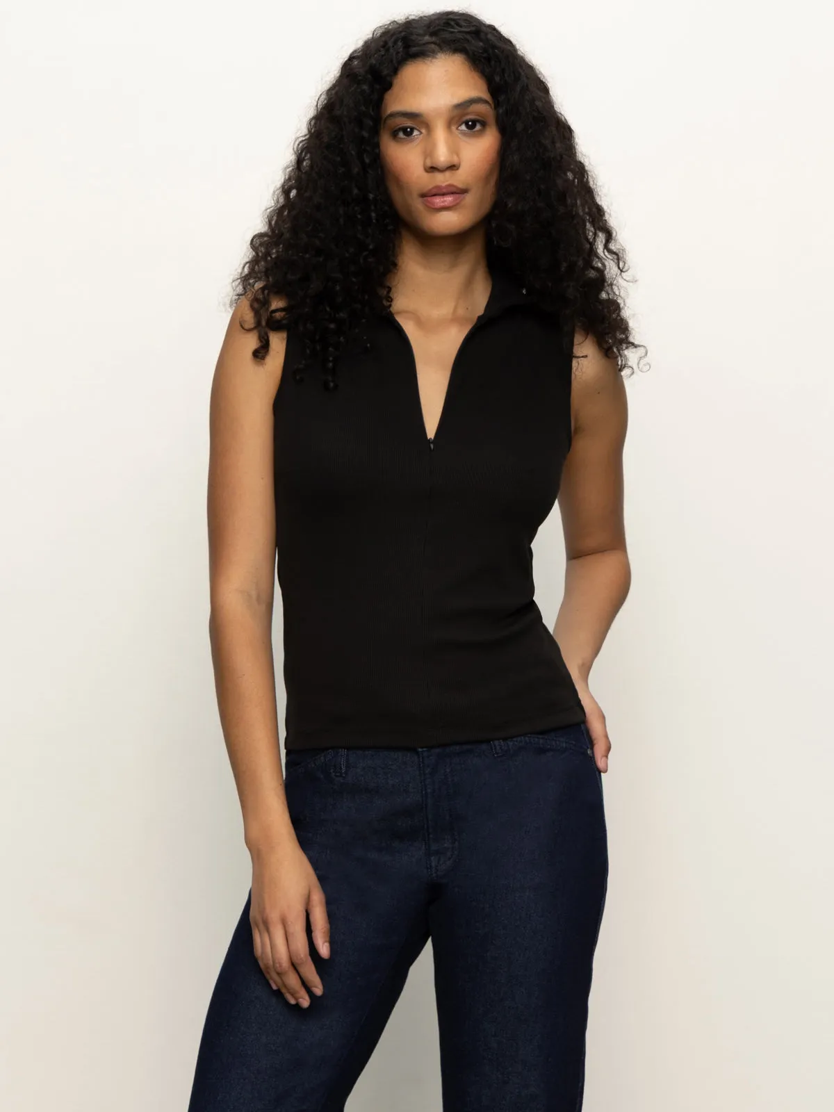 Sleeveless Zip Mock Top Black Reinforced Buttonholes Stretch Weave Construction