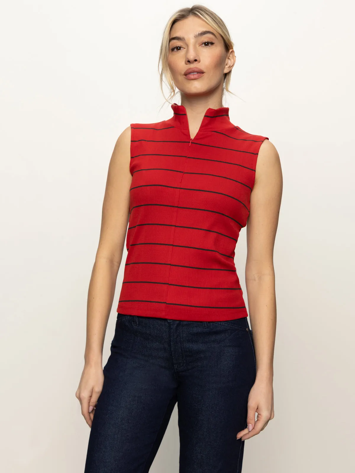 Sleeveless Zip Mock Top Red Energy/Black Stripe VNeckReinforcement Regular Fit
