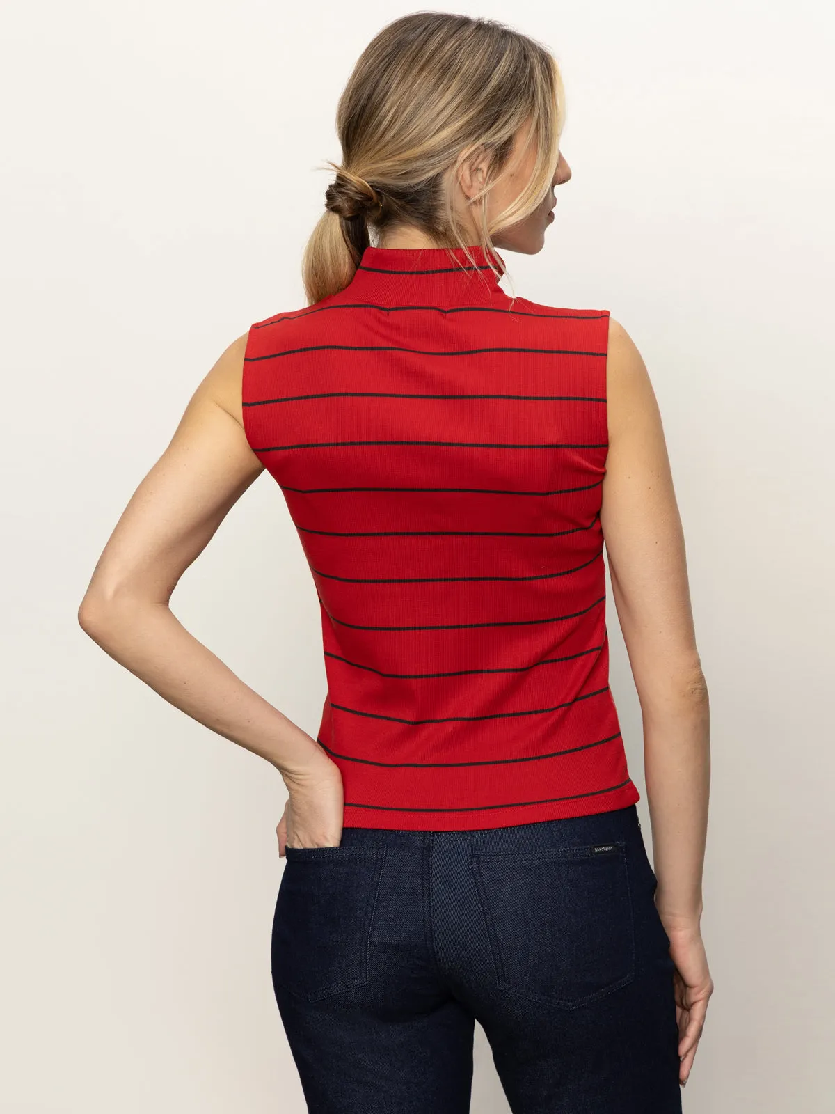 OdorResistant Coating BoxyCrop Sleeveless Zip Mock Top Red Energy/Black Stripe