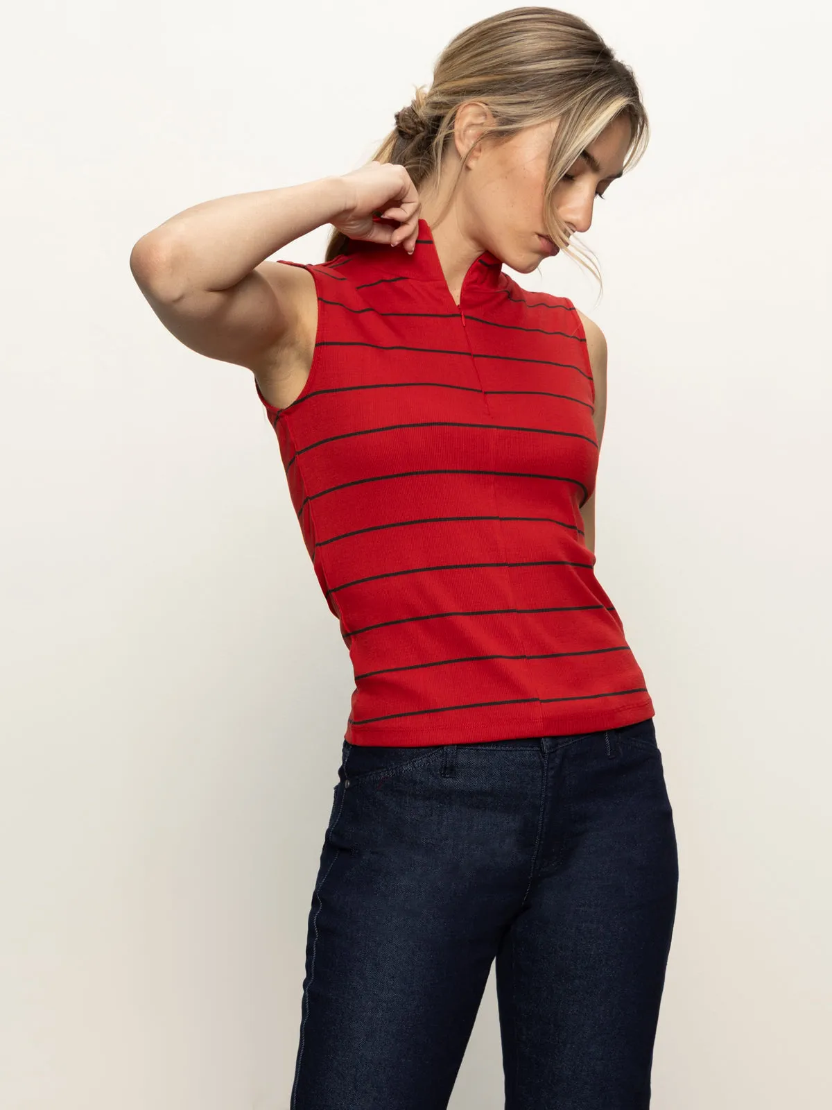 Sleeveless Zip Mock Top Red Energy/Black Stripe DurableReinforcement NonIrritatingSeams
