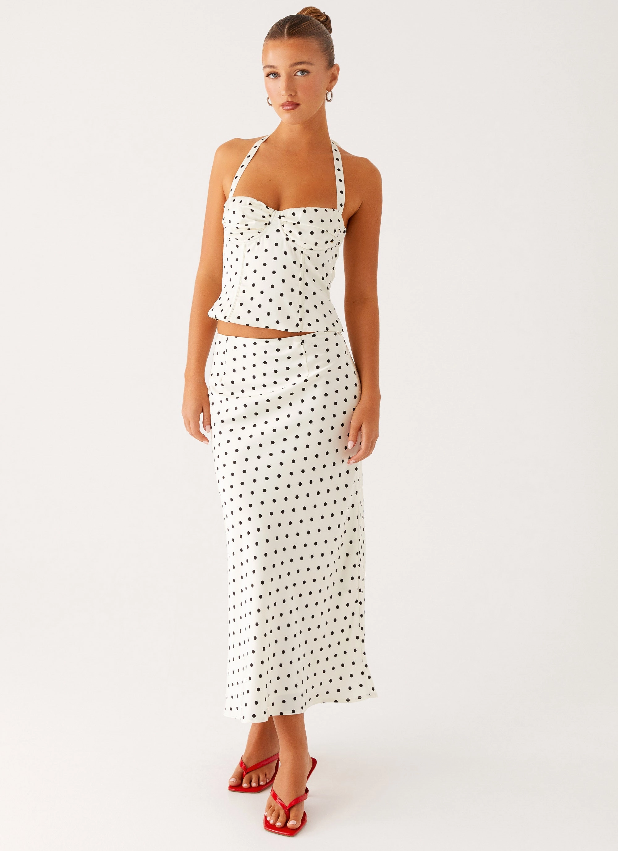 Seasonal Drop Breanne Midi Skirt - White Polka Dot