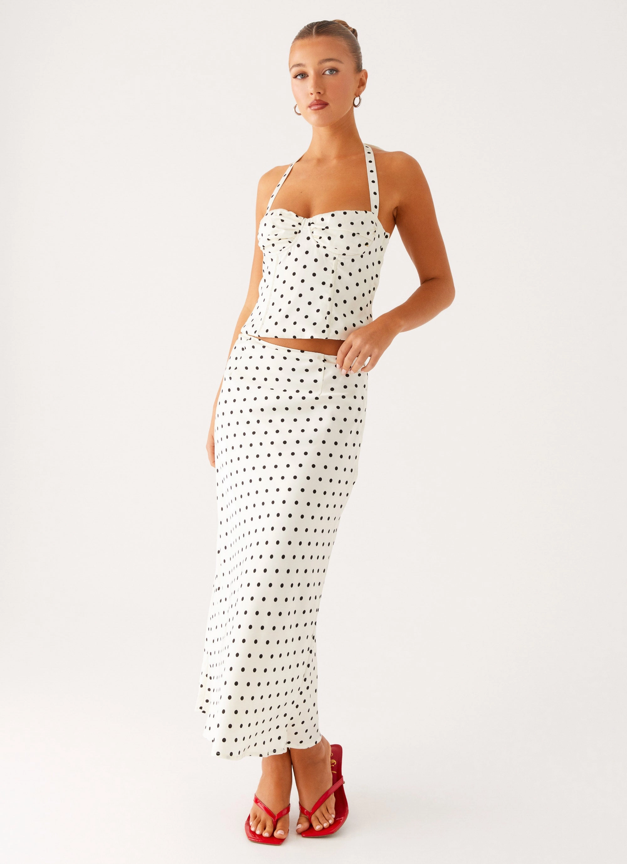 Breanne Midi Skirt - White Polka Dot Comfy Fit