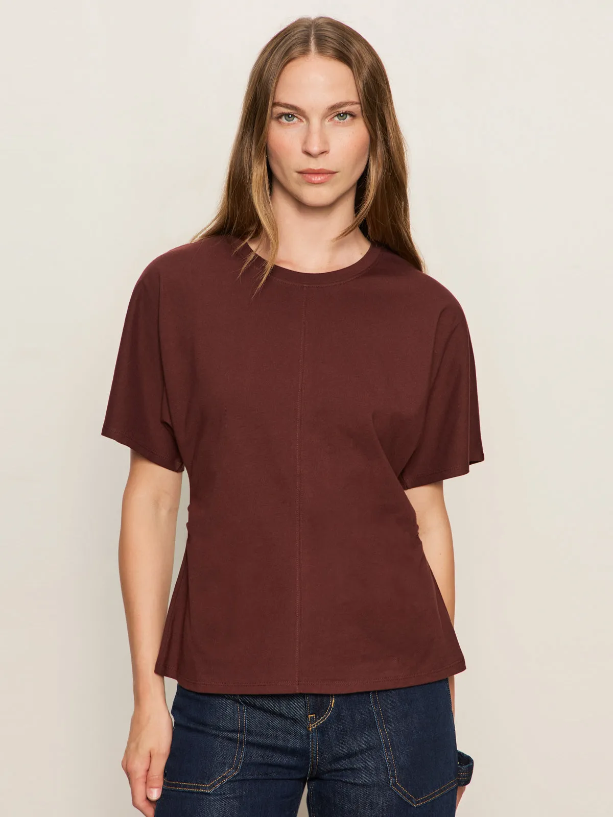 Weighted Hem Design Shirred Waist Dolman Tee Chicory