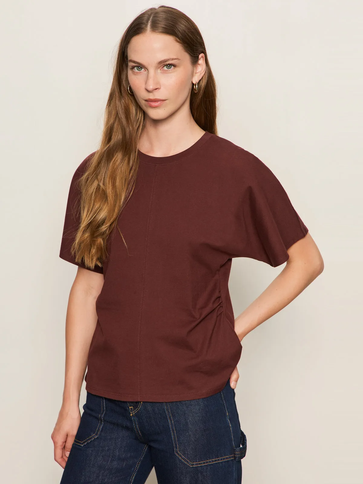Shirred Waist Dolman Tee Chicory Double Needle Stitching