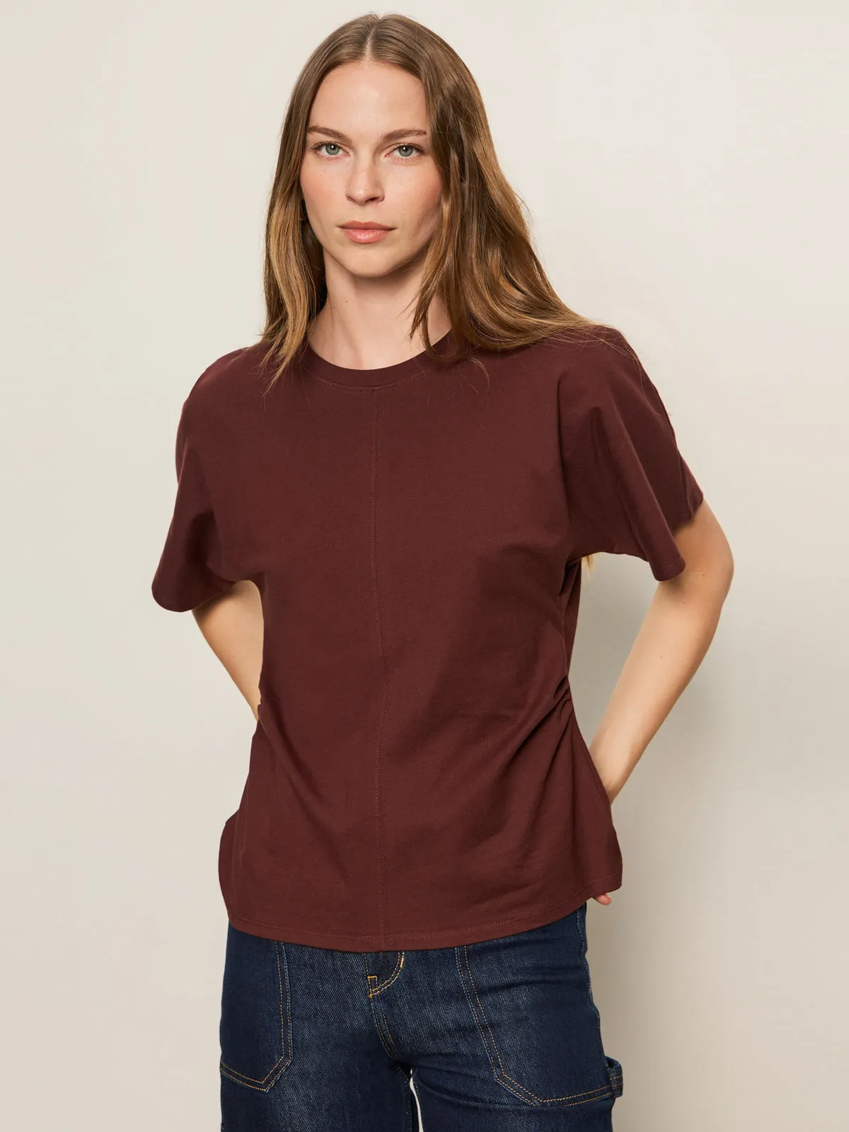 OdorResistant Shirred Waist Dolman Tee Chicory