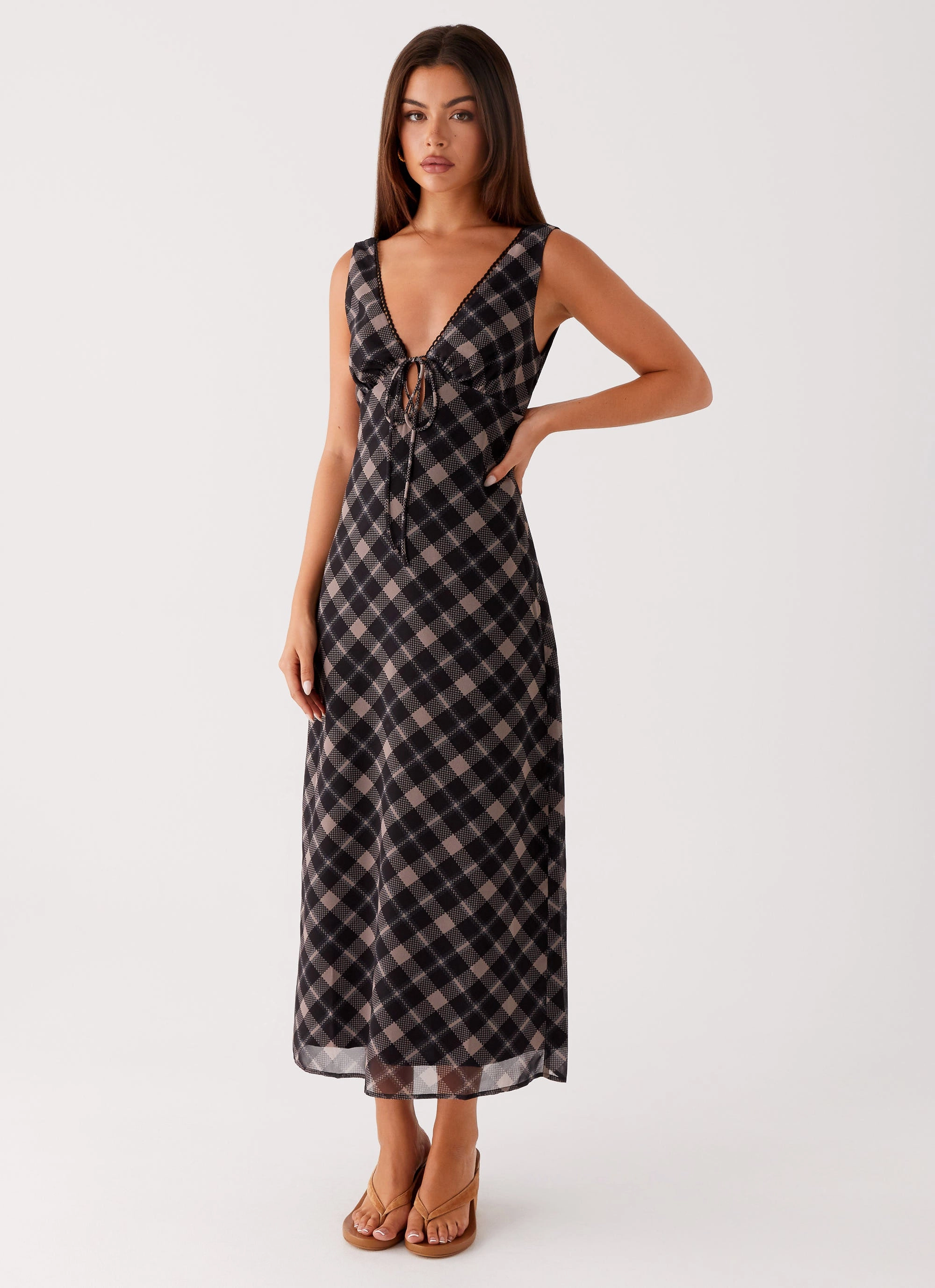 Easy Comfort Elegant Motion Gianna Midi Dress - Taupe Check