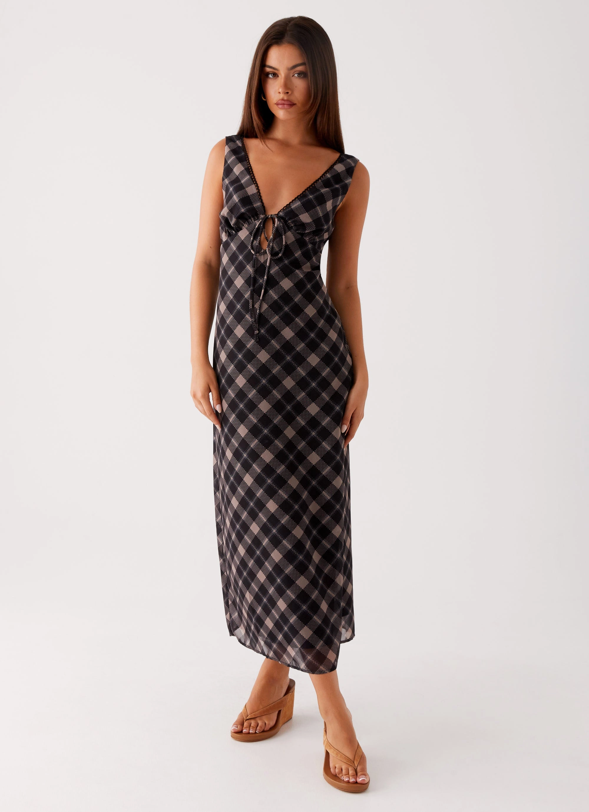 Gianna Midi Dress - Taupe Check Pocket-Detail