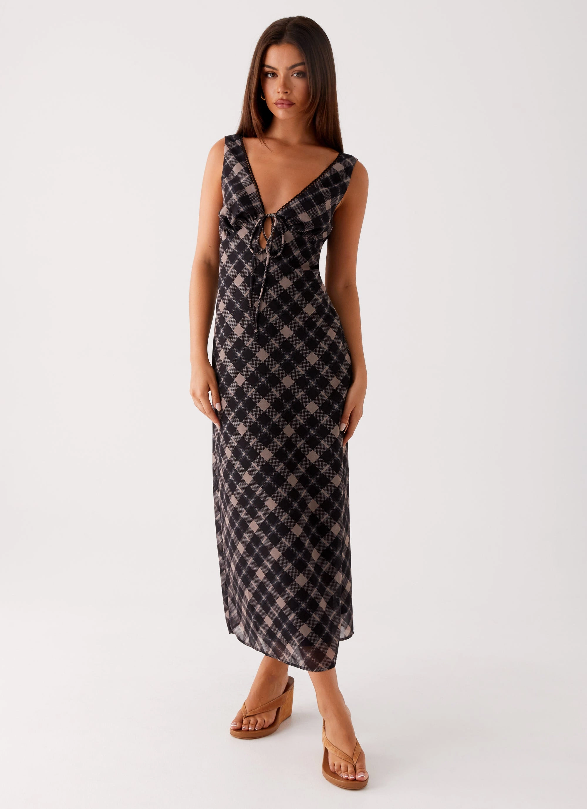 Relaxed and Effortless Gianna Midi Dress - Taupe Check