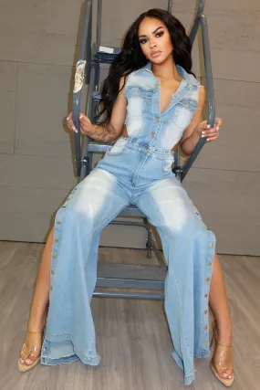 Indoor Comfort Noise Reduciting Fabric Snap It Out Wide Leg Denim Jumpsuit