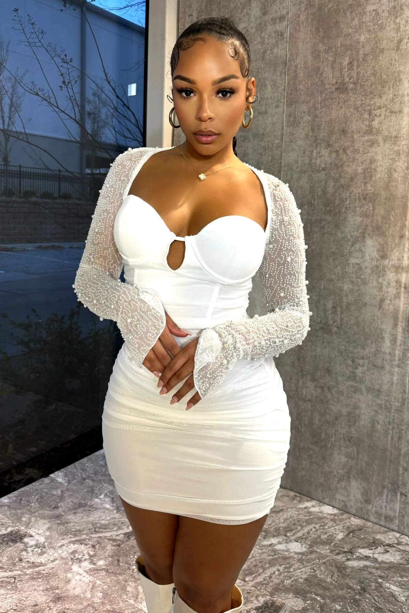 Feminine midi gown Texture Mood Snow Globe Mesh Pearl Dress