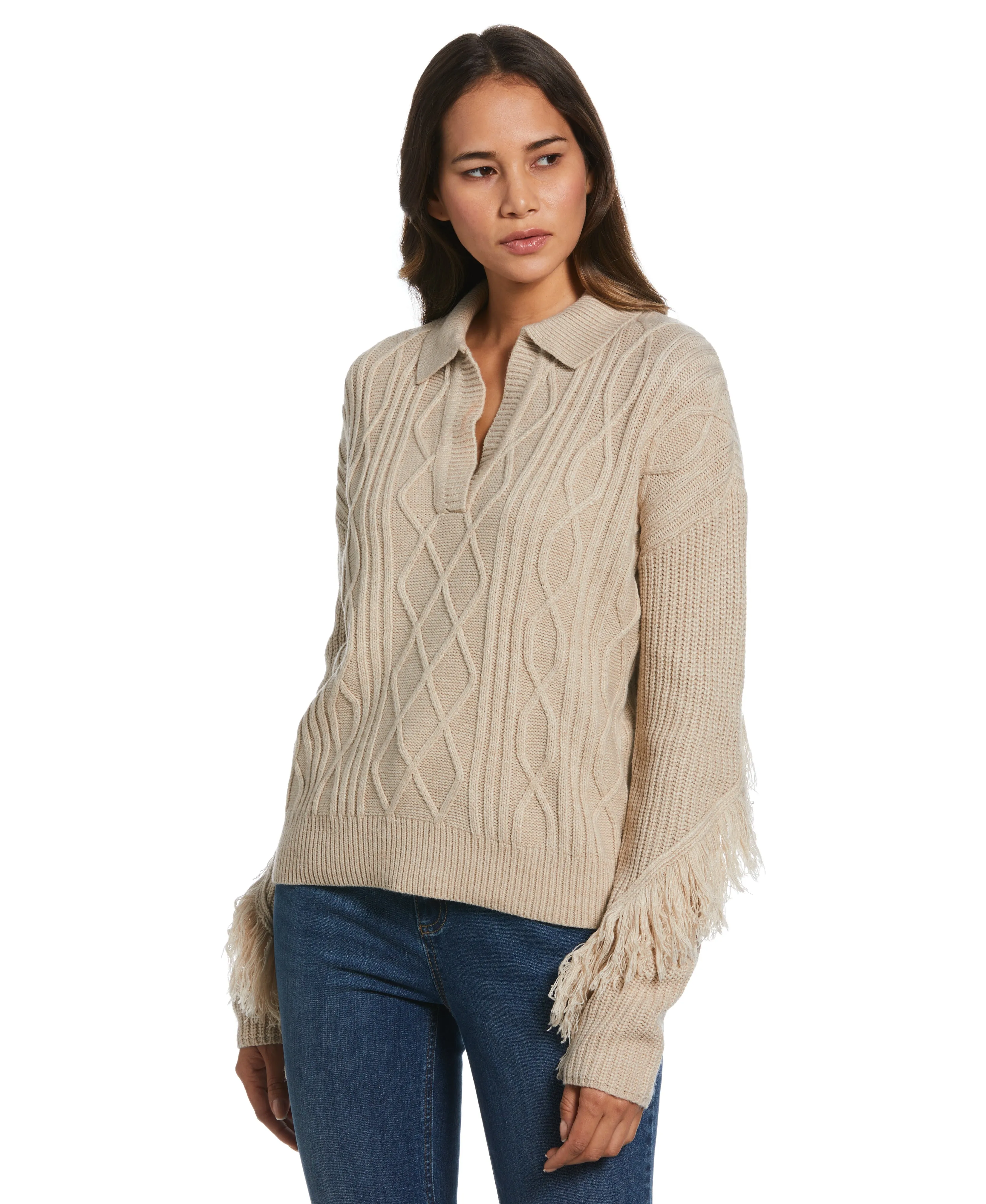 Fringe Trim Polo Sweater WrinkleResistant Lightweight Design