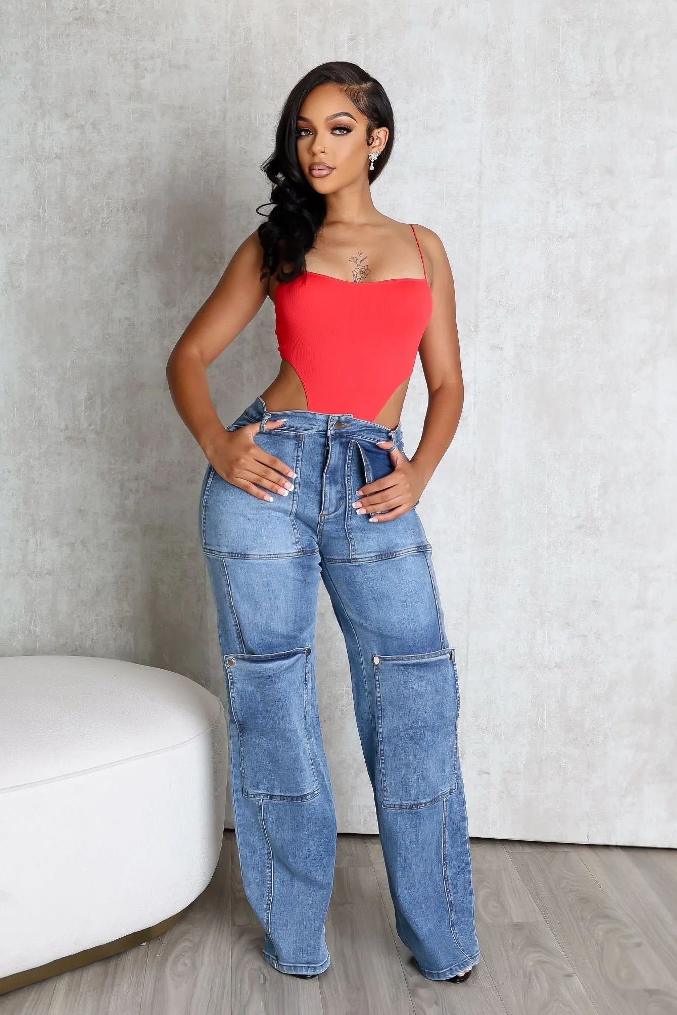 Hi Rise Snap Baggy Jeans Polished Look