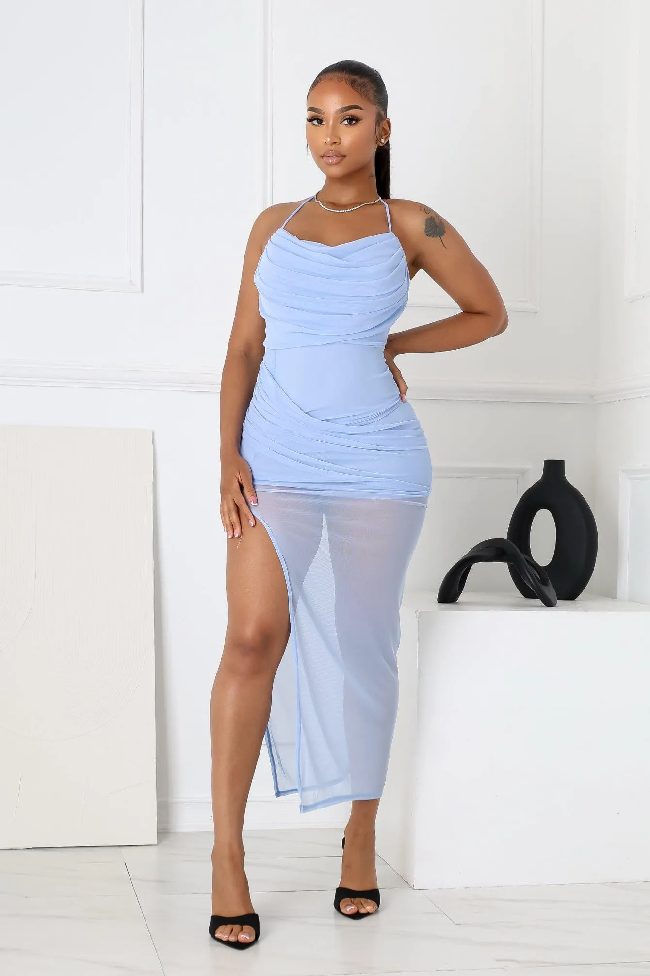 Love Energy Guest Glam Soft Gaze Shirred Sheer Maxi Dress