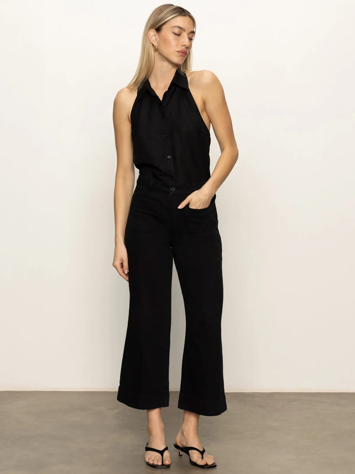 Soft Marine Wide Leg Standard Rise Crop Pant Black TaperedLeg Stretchy Material