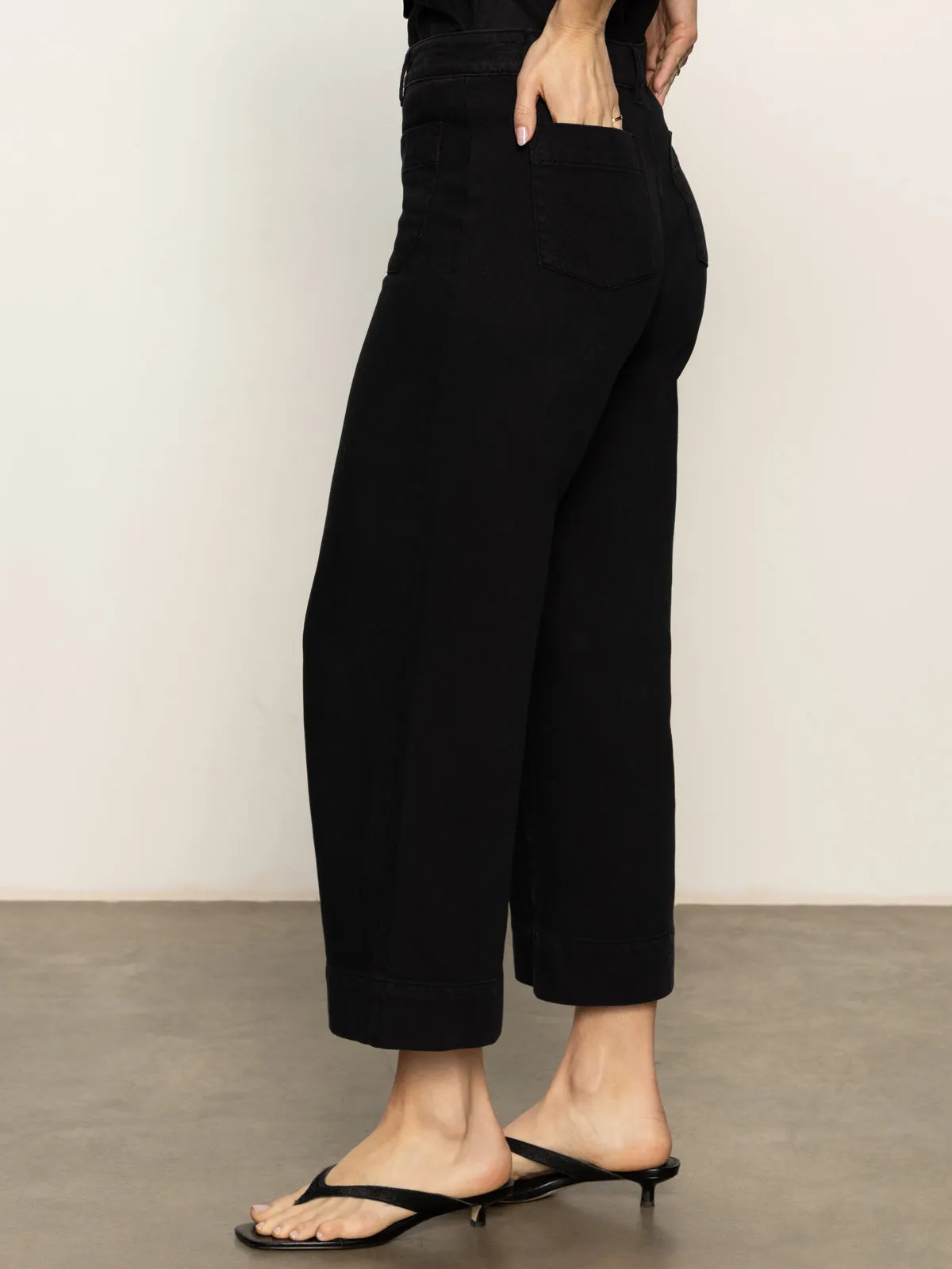 Soft Marine Wide Leg Standard Rise Crop Pant Black Quick Dry Fabric