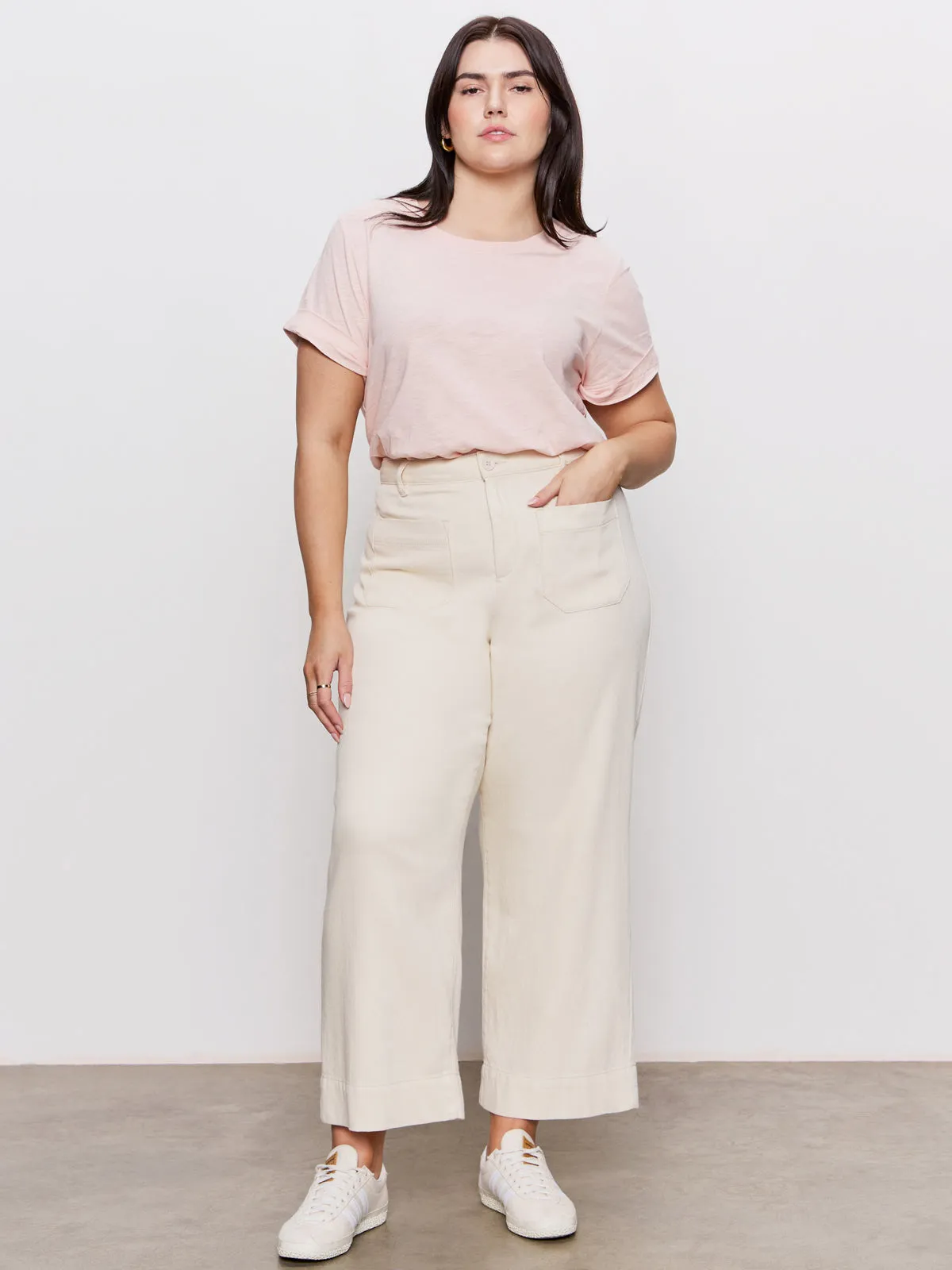 Soft Marine Wide Leg Standard Rise Crop Pant Macrame Extended Sizing Water Repellent Coating