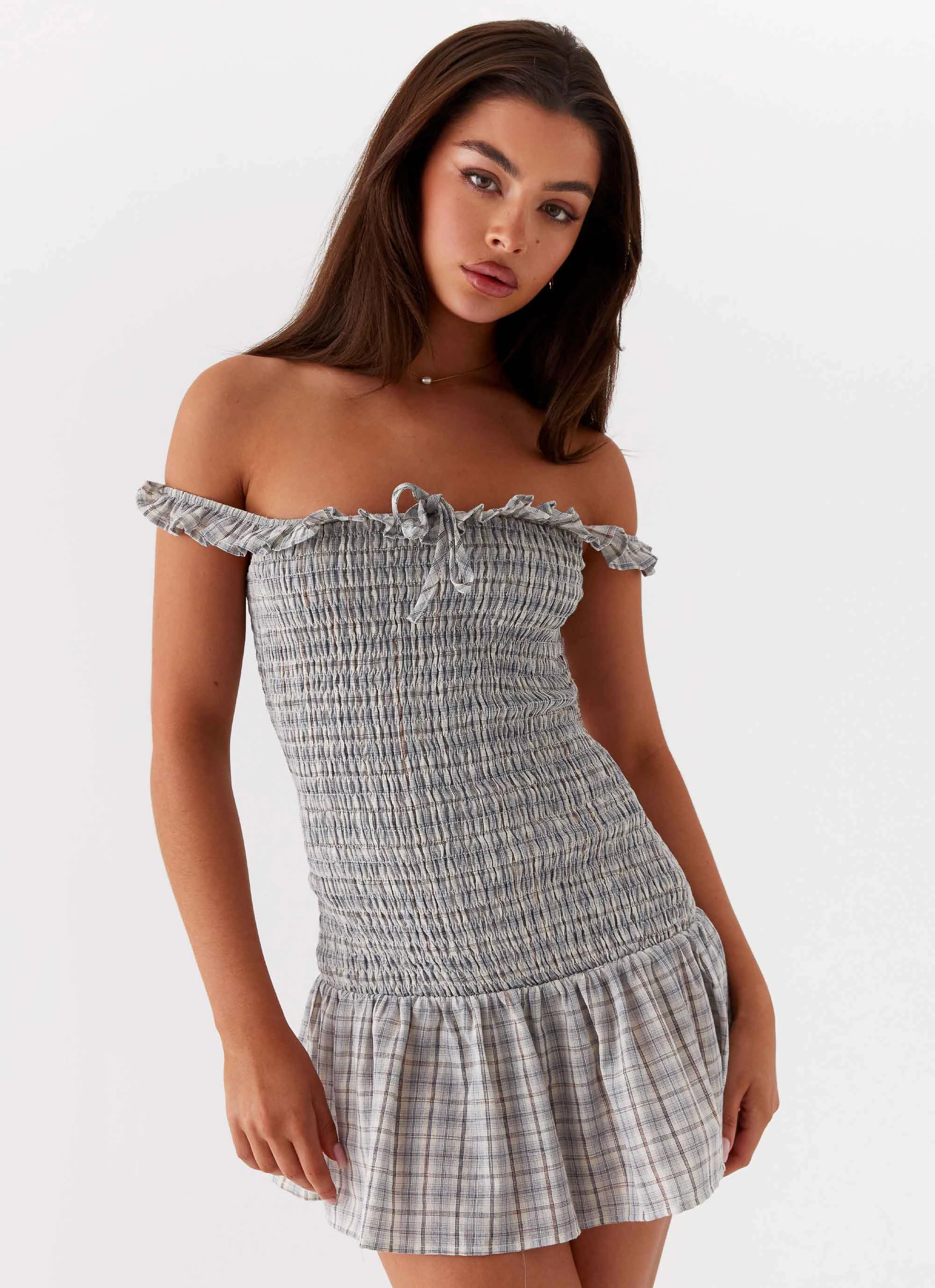 Semi Sheer Structured Shape Anica Check Mini Dress - Grey Check