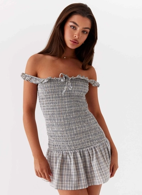 Semi Sheer Structured Shape Anica Check Mini Dress - Grey Check