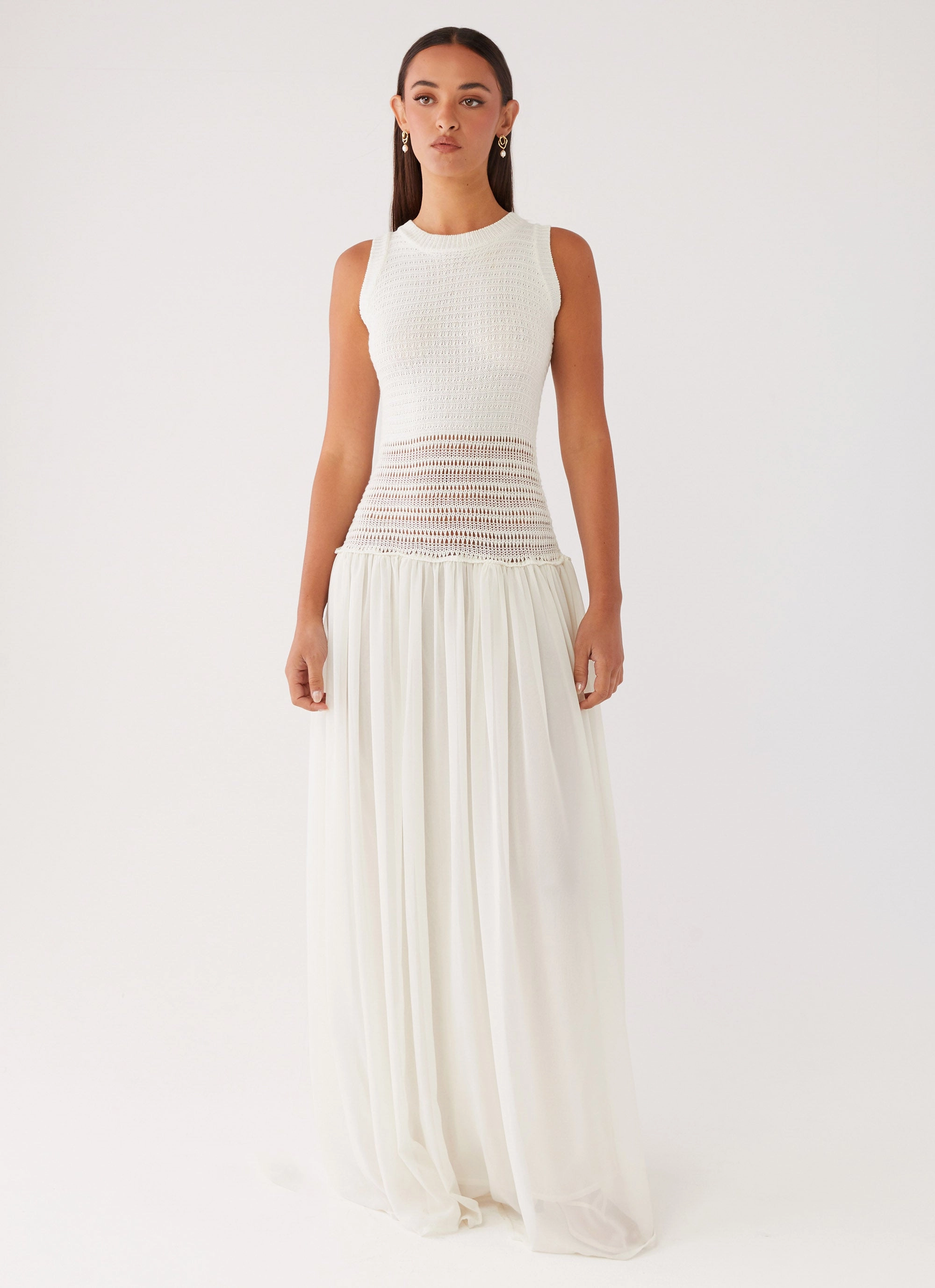 Off Grid Crochet Maxi Dress - White Flattering Cut Pure Tone