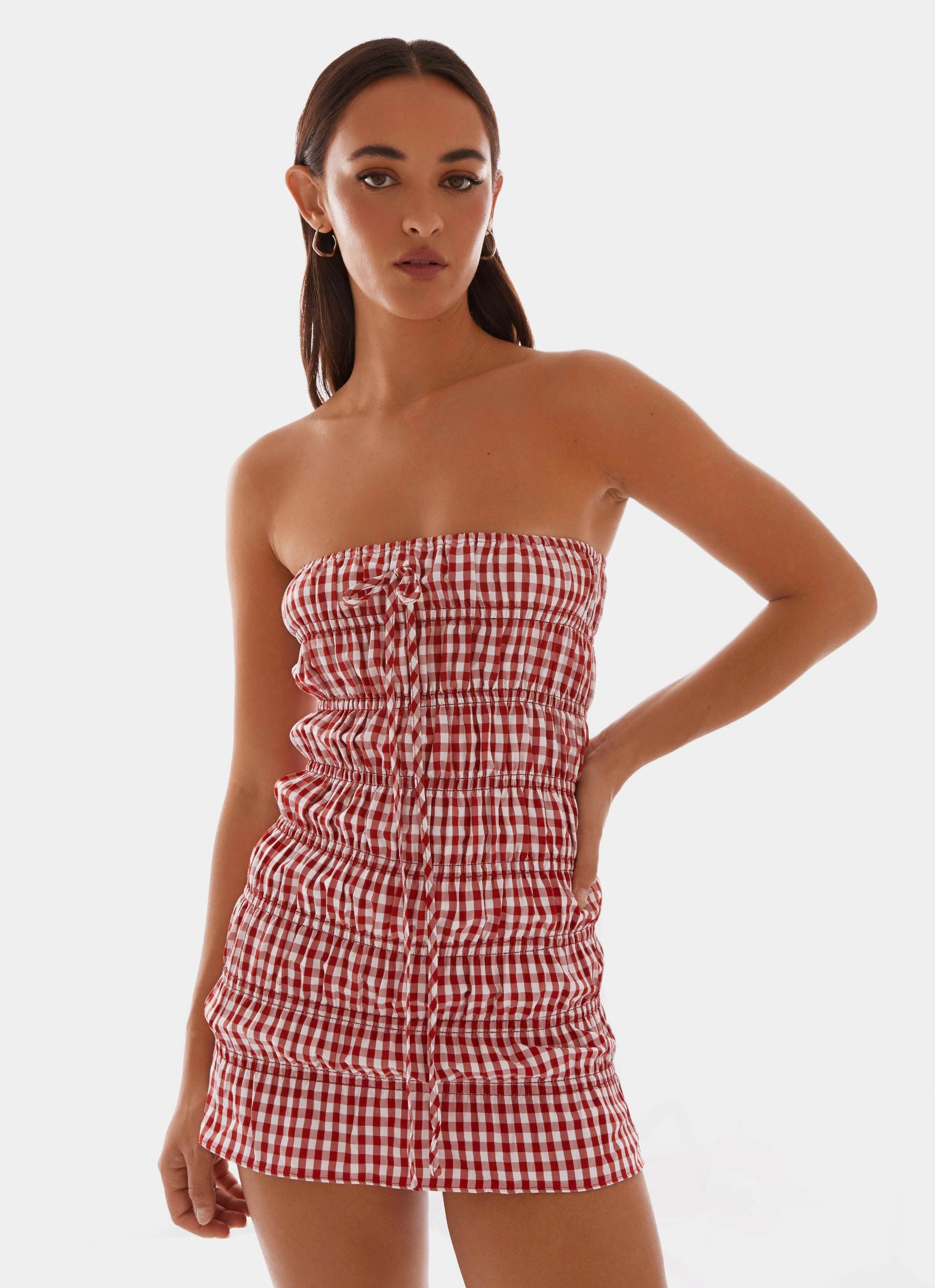 Adele Mini Dress - Red Gingham Bamboo Fiber Stretch Fabric