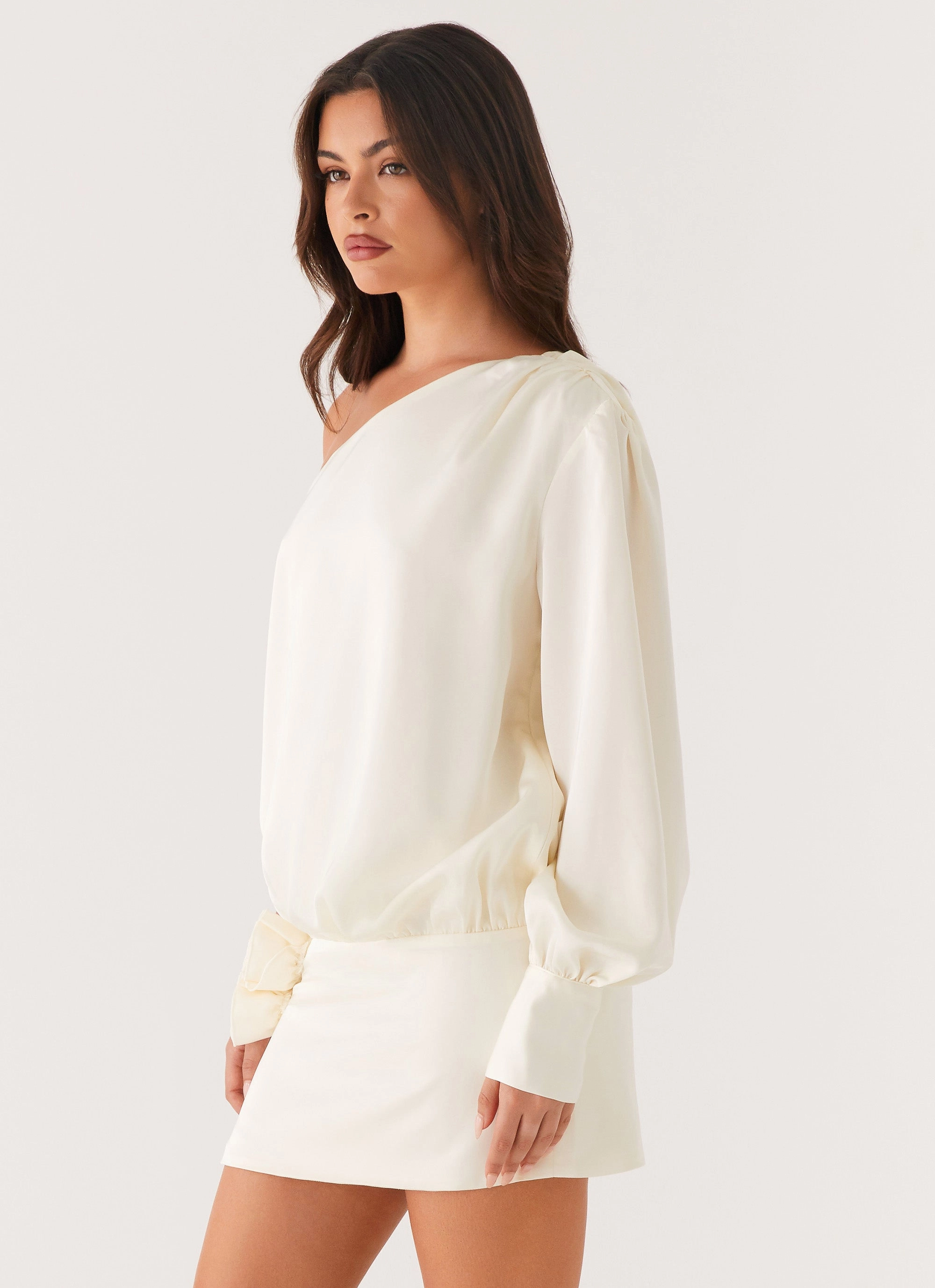 Pippie One Shoulder Mini Dress - Ivory Contrast Stitching Reinforced Hems