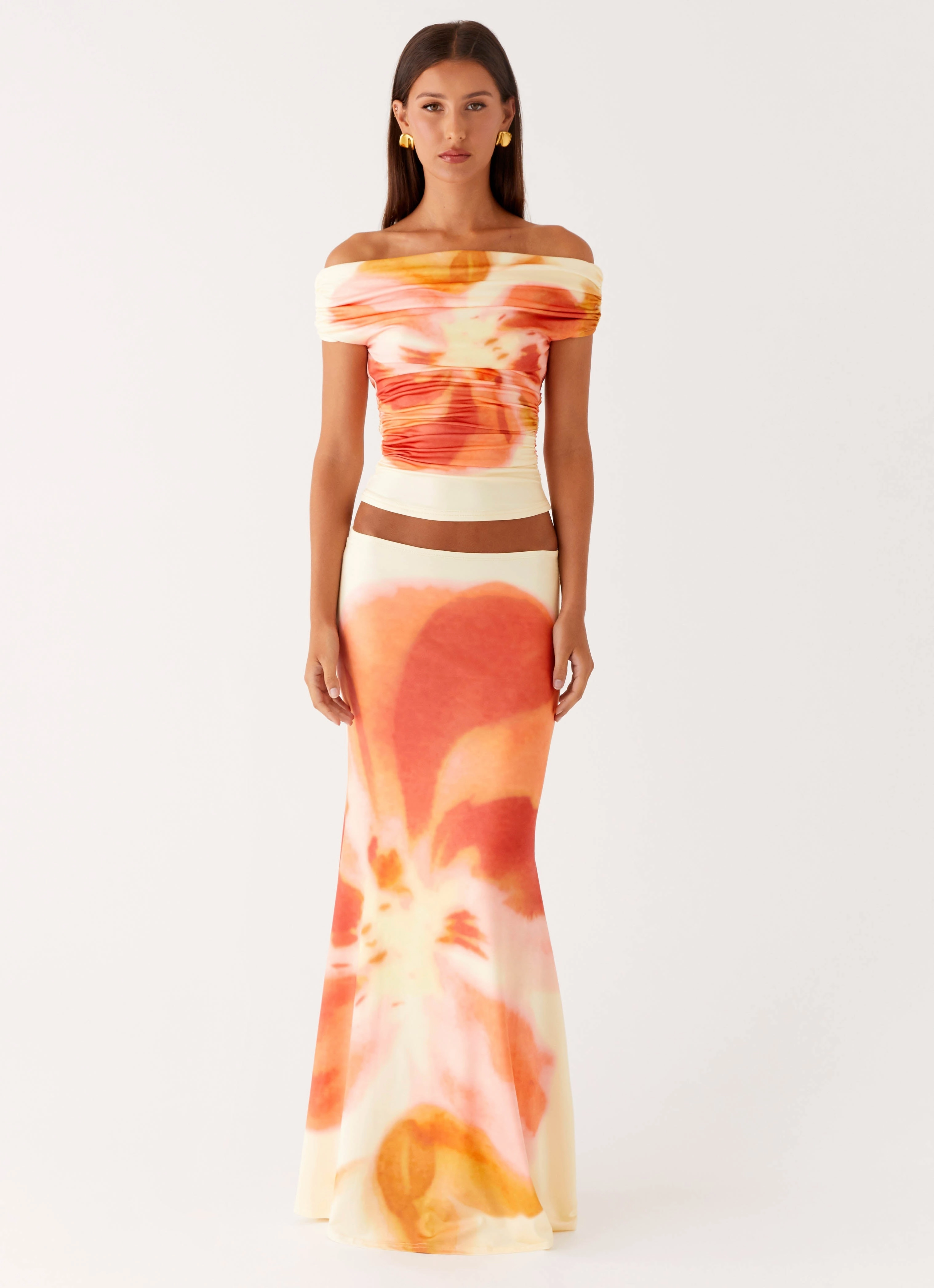 High Neckline Structure Moka Off Shoulder Top - Mimosa Blossom