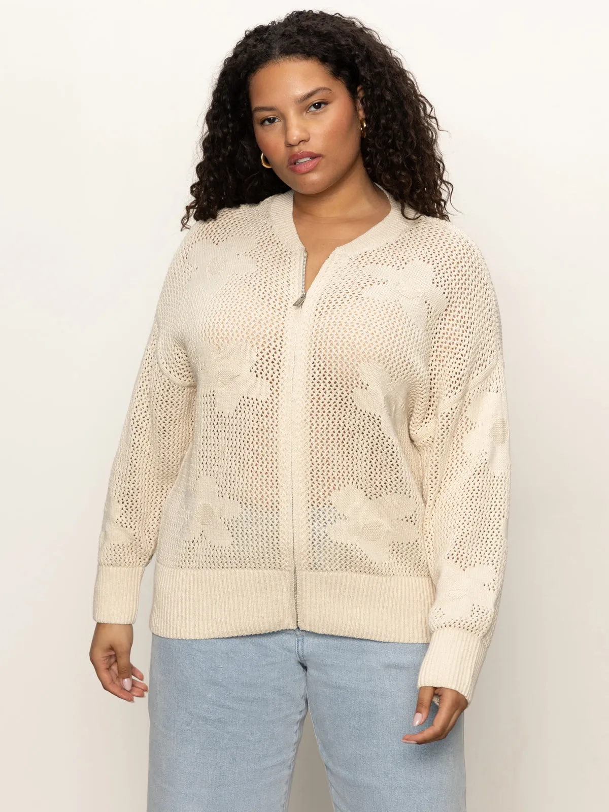 Flower Pop Open Stitch Jacket Eco Natural Extended Sizing LowMaintenance Fabric