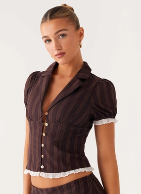 Bennett Button Up Top - Toffee Stripe Textured Weave Trendy Shirt