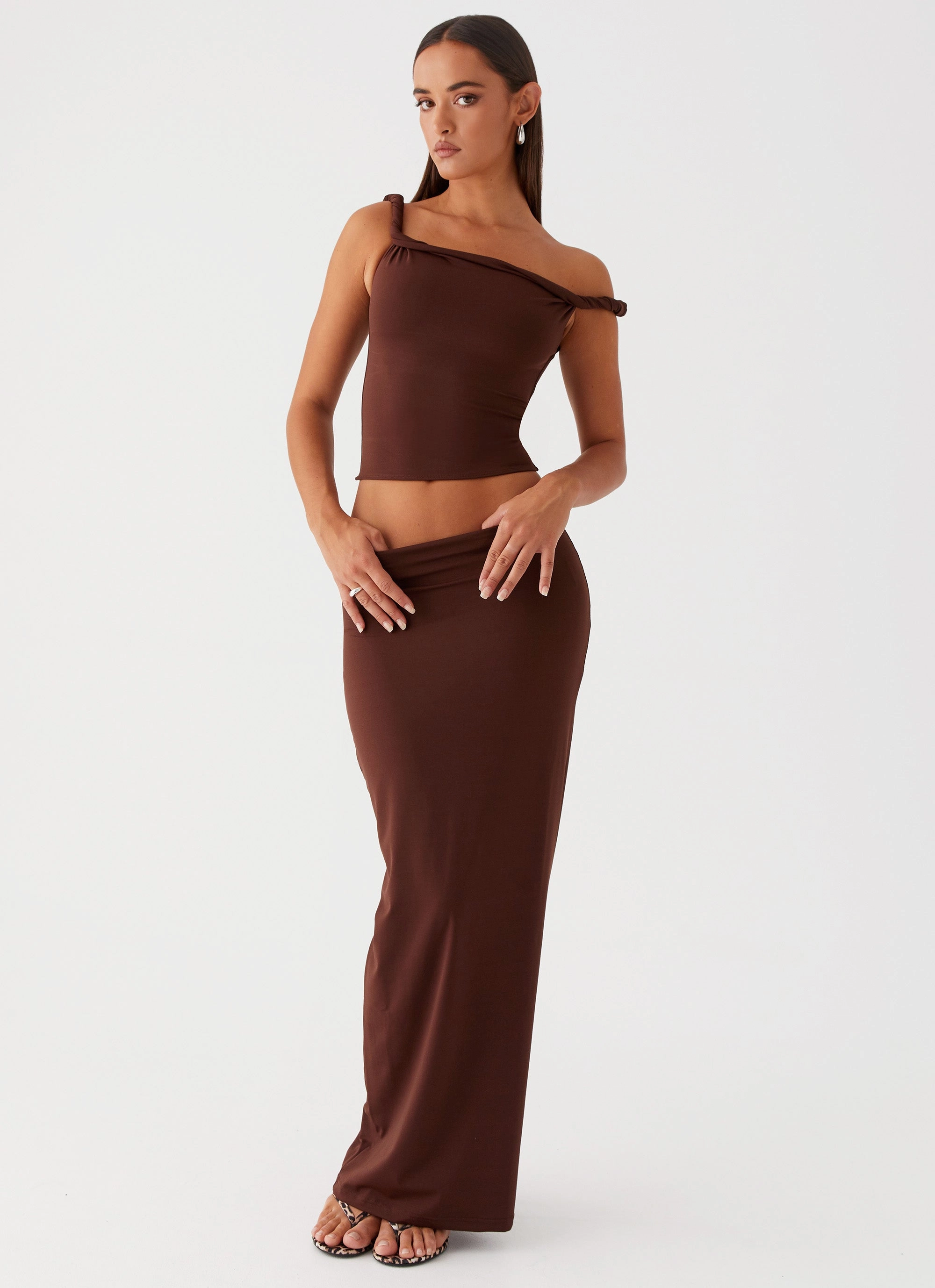 Solace Soul Maxi Skirt - Chocolate Relaxed Outfit Crossback Strap