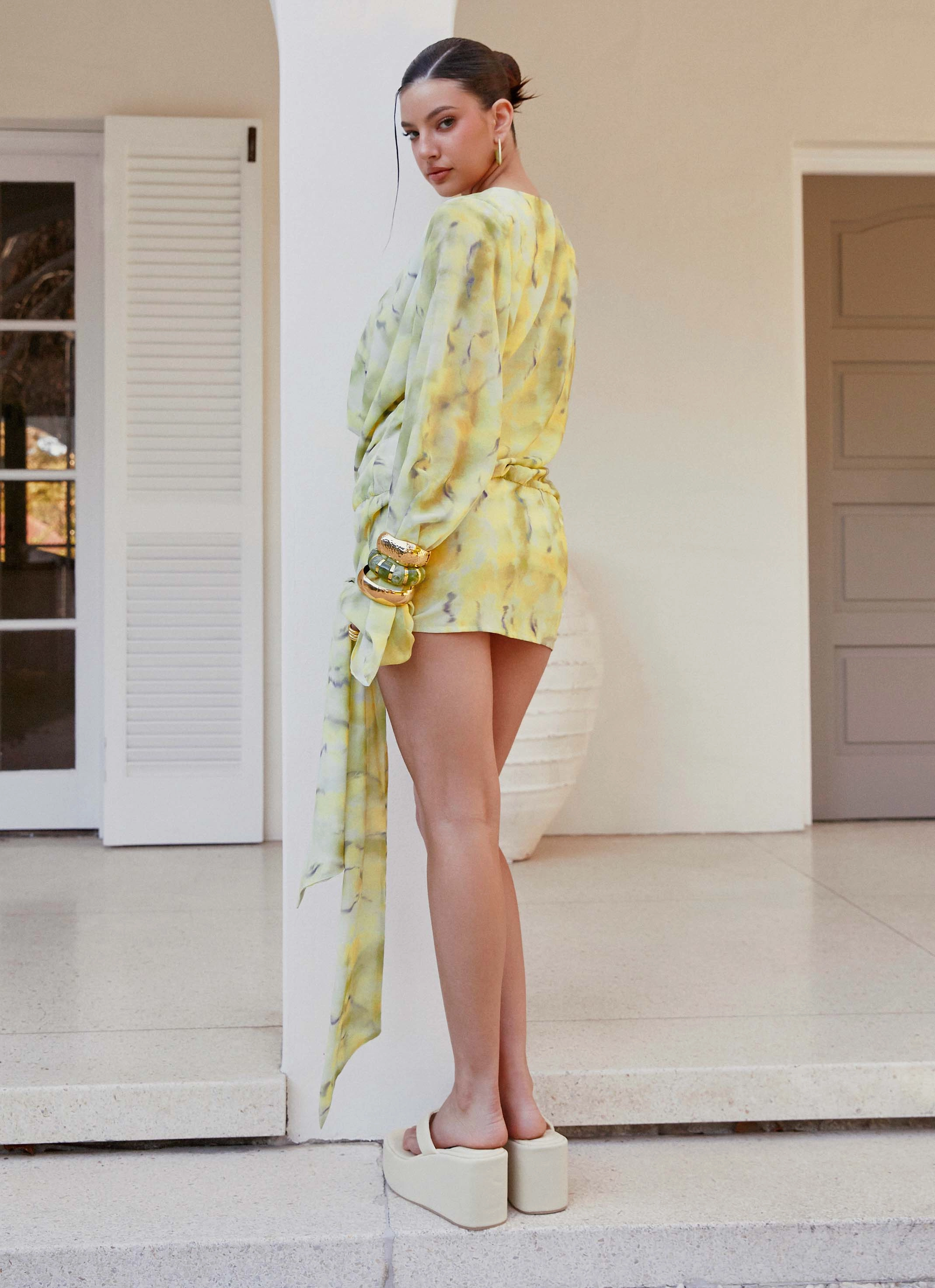 Sorrel Long Sleeve Mini Dress - Yellow Tie Dye Crossback Strap Refined Edge