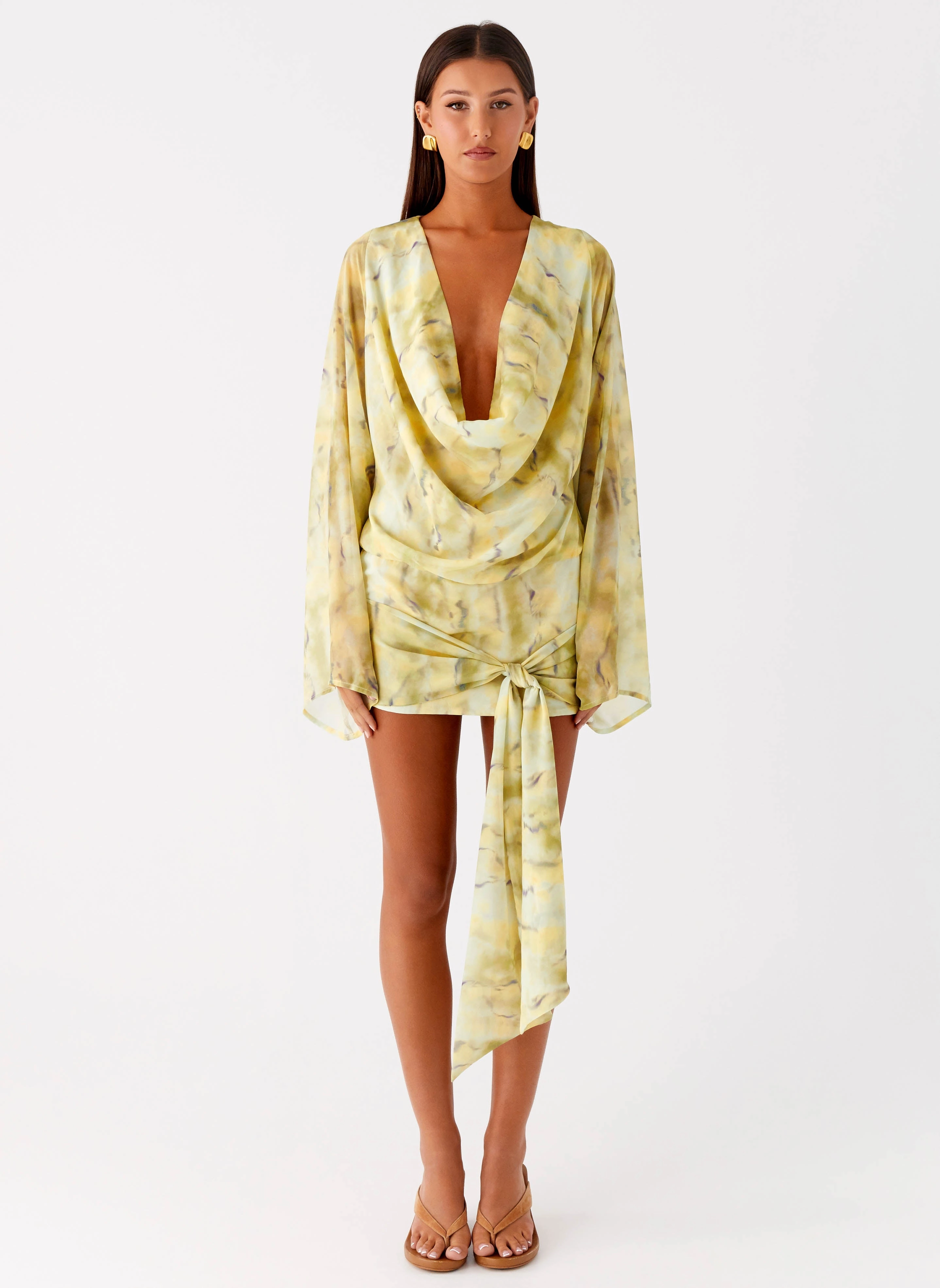 Snap-Closure Sorrel Long Sleeve Mini Dress - Yellow Tie Dye