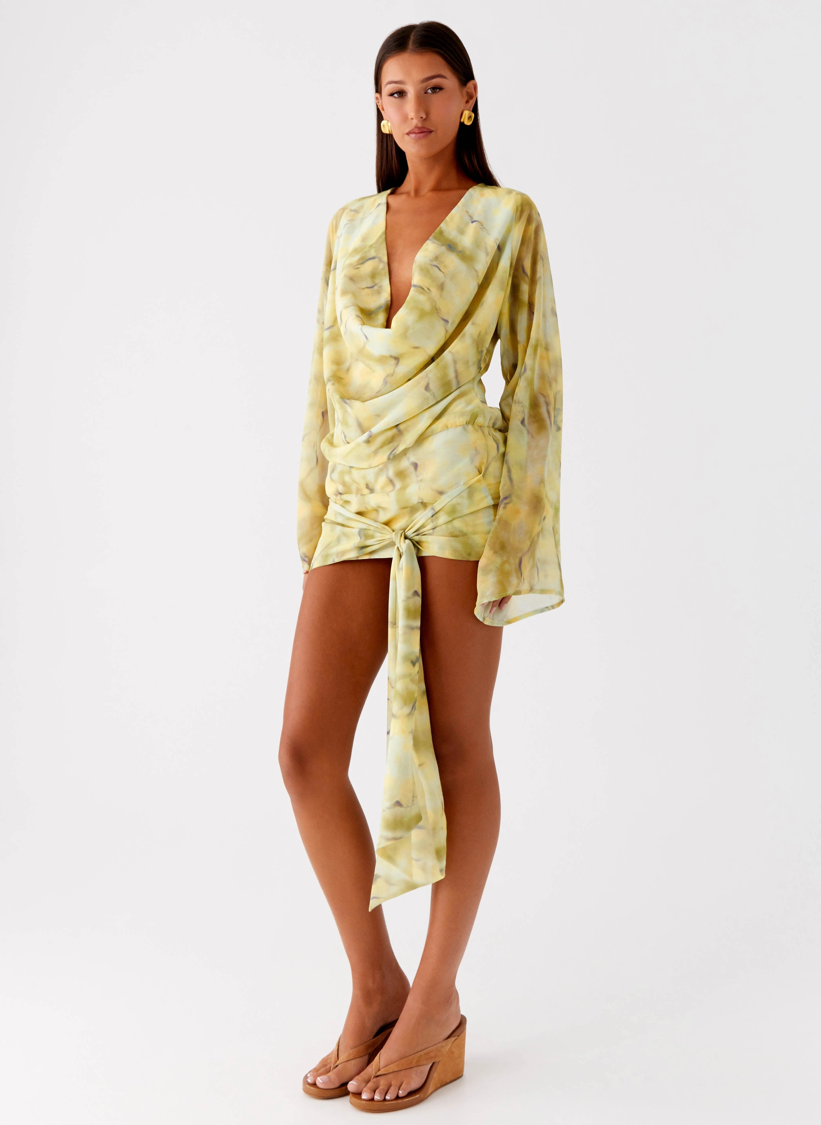 Plant Based Material City Wear Sorrel Long Sleeve Mini Dress - Yellow Tie Dye