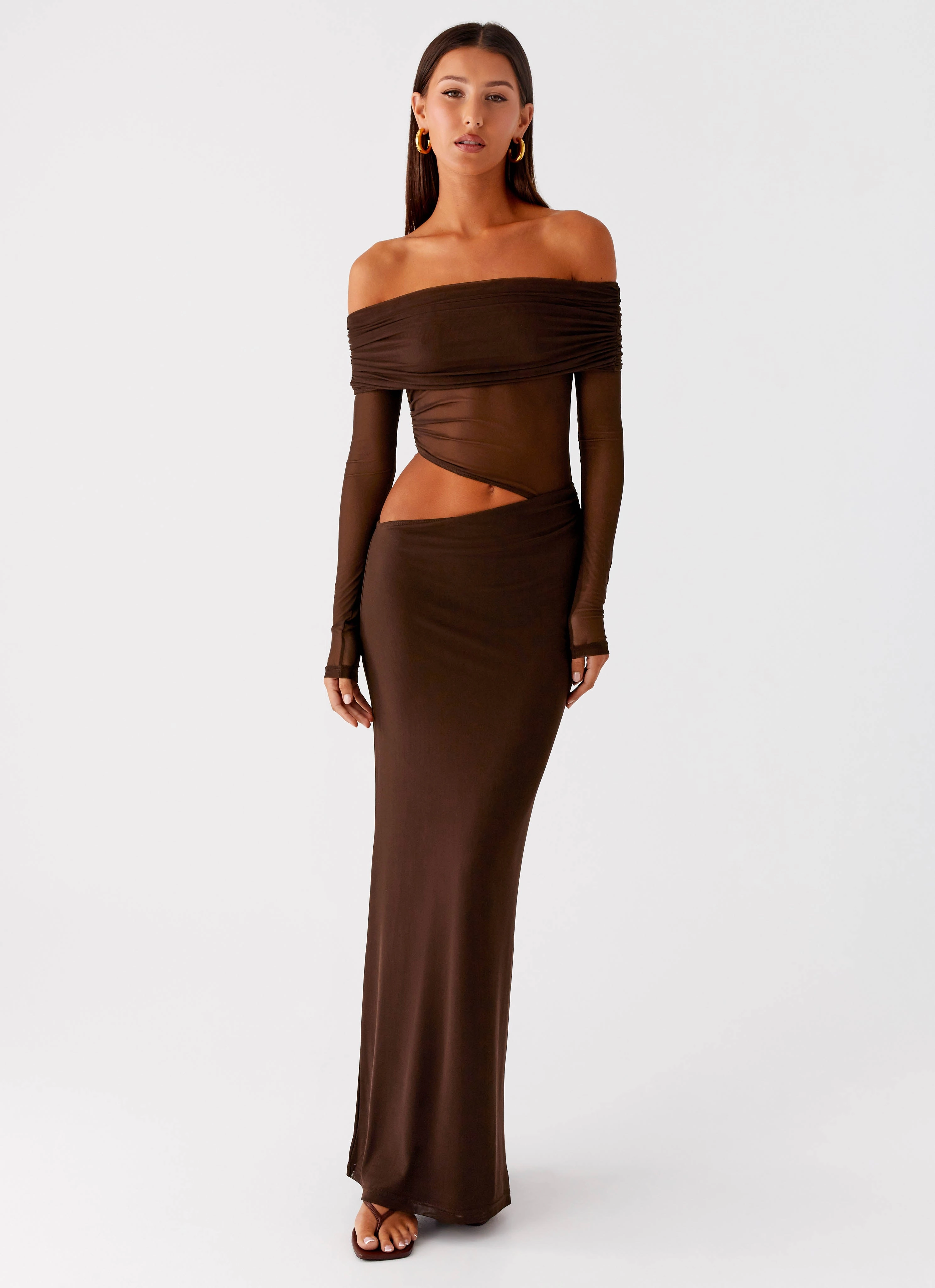 Emery Maxi Dress - Chocolate Front-Slit Crisp Finish