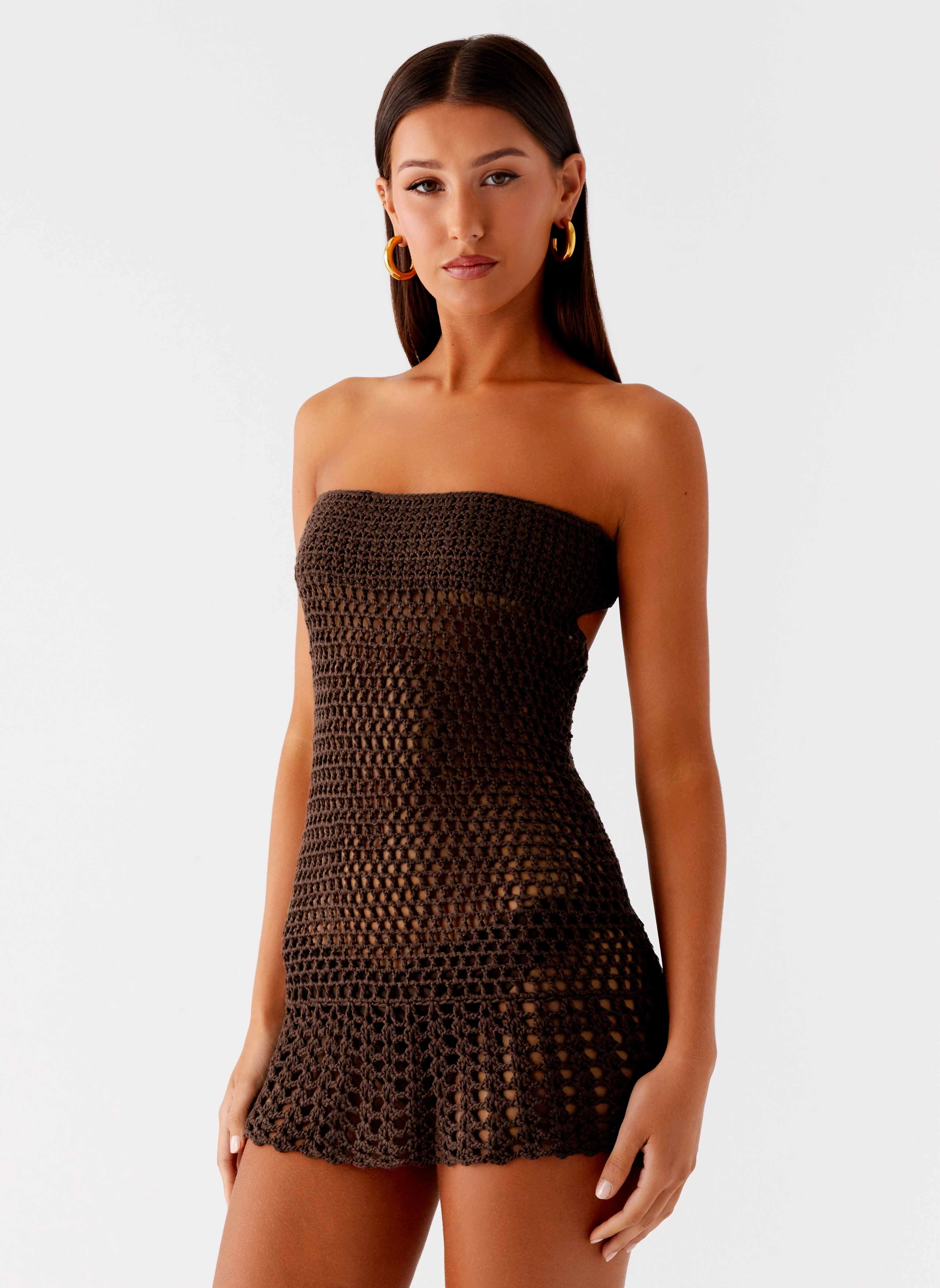 Lace-Edge Kaiane Strapless Crochet Mini Dress - Chocolate