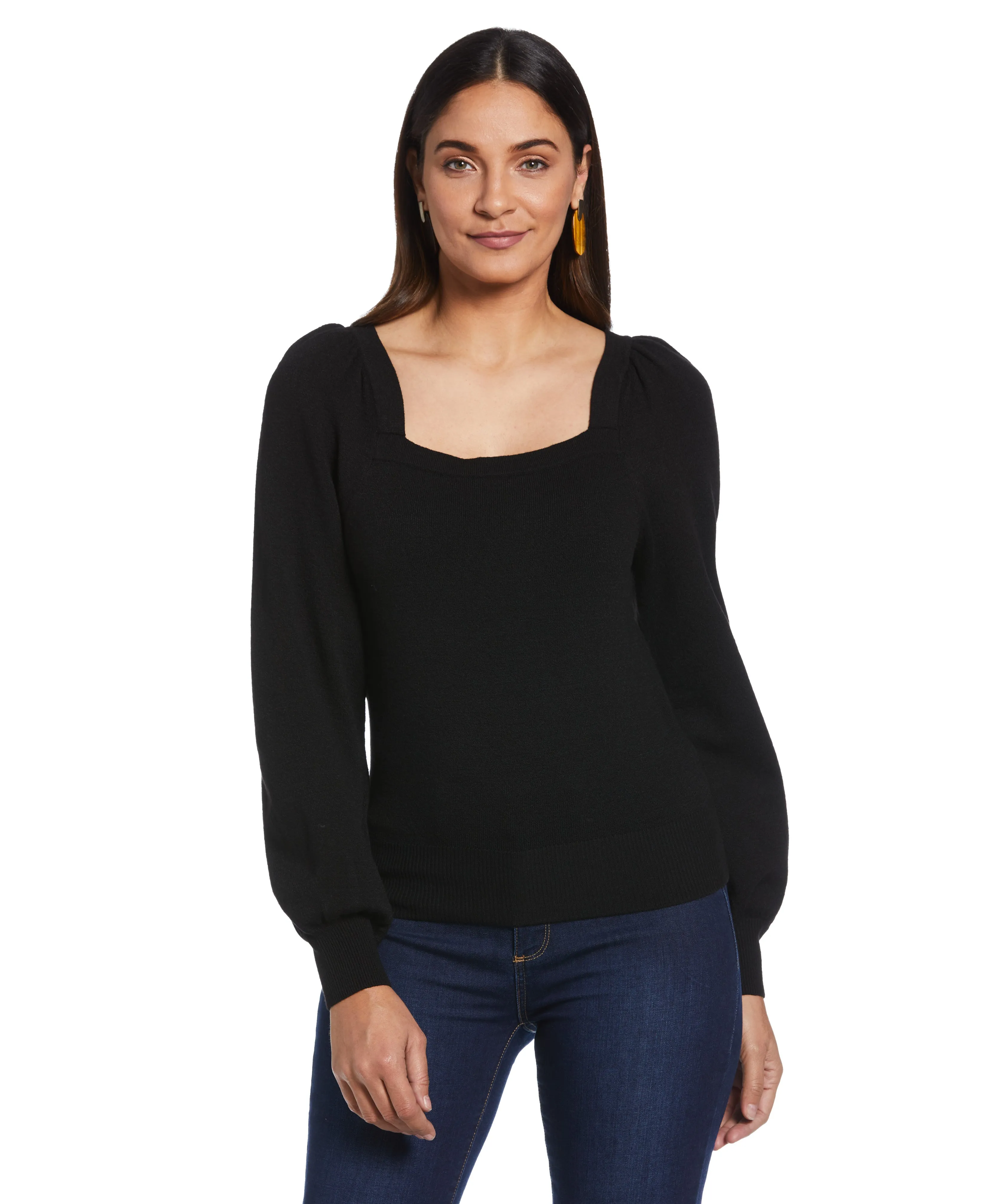 Square Neck Puff Sleeve Sweater Overlock Edging RawHemDetail