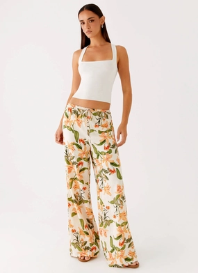 Dalida Linen Pants - Floral Print Twill Weave Texture Boho chic