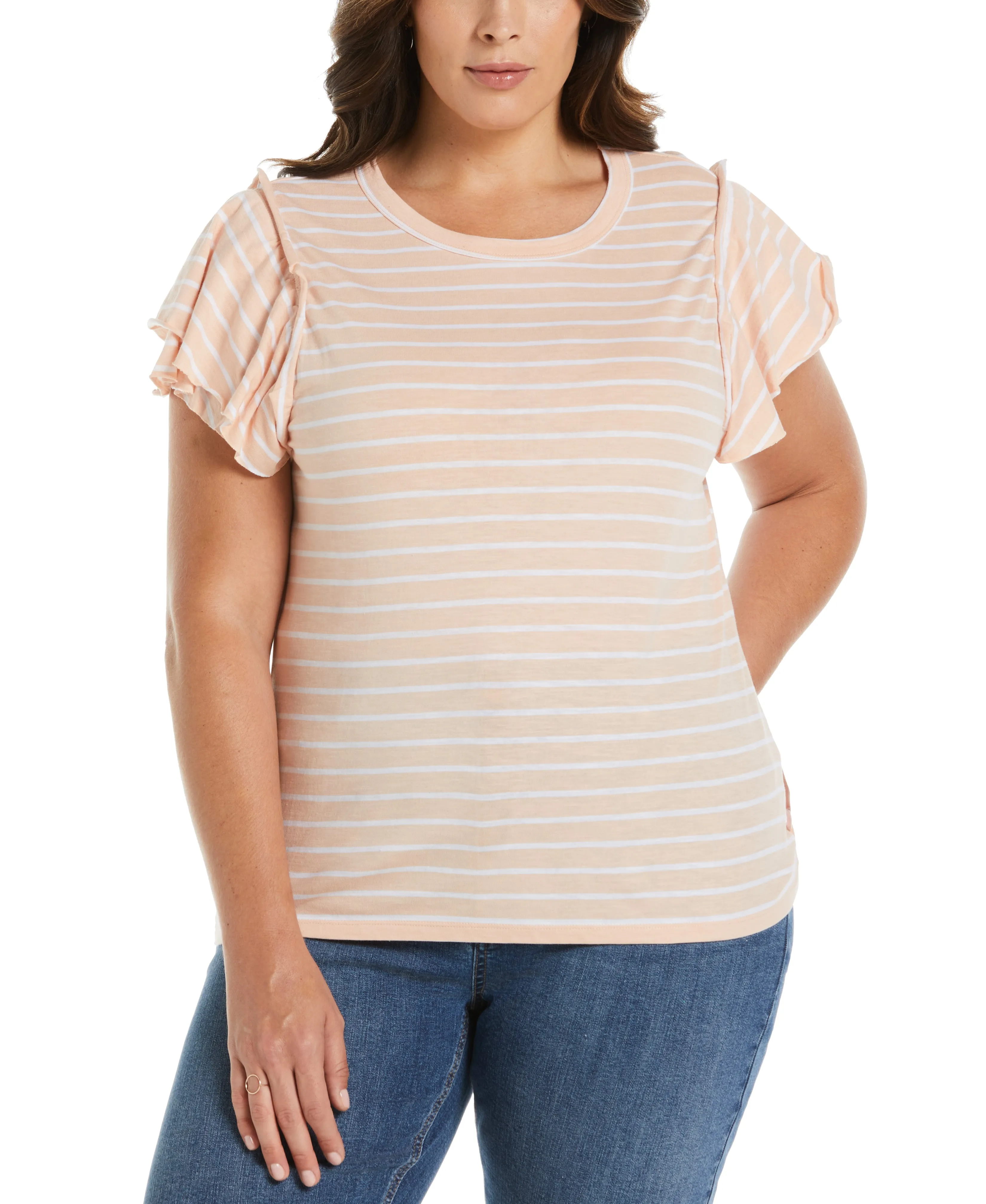 Plus Size Stripe Ruffle Sleeve Tee NonRestrictiveSilhouette